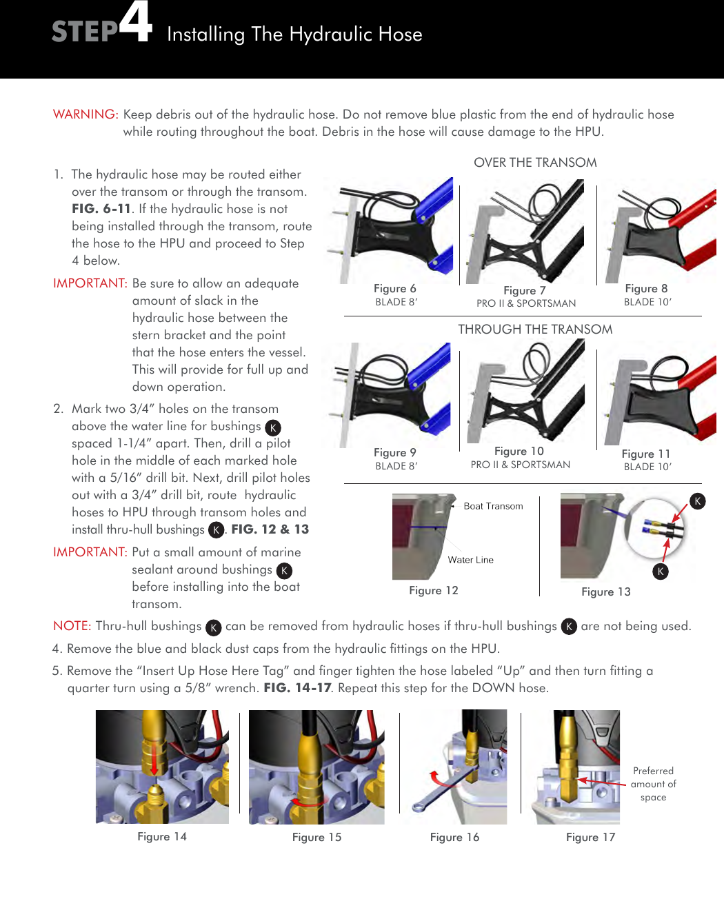 1.  The hydraulic hose may be routed either over the transom or through the transom. FIG. 6 -11. If the hydraulic hose is not being installed through the transom, route the hose to the HPU and proceed to Step 4 below. IMPORTANT:  Be sure to allow an adequate amount of slack in the hydraulic hose between the stern bracket and the point that the hose enters the vessel. This will provide for full up and down operation.2.  Mark two 3/4” holes on the transom above the water line for bushings  K spaced 1-1/4” apart. Then, drill a pilot hole in the middle of each marked hole with a 5/16” drill bit. Next, drill pilot holes out with a 3/4” drill bit, route  hydraulic hoses to HPU through transom holes and install thru-hull bushings  K. FIG. 12 &amp; 13IMPORTANT:  Put a small amount of marine sealant around bushings  K before installing into the boat transom.NOTE:  Thru-hull bushings  K can be removed from hydraulic hoses if thru-hull bushings  K are not being used.4. Remove the blue and black dust caps from the hydraulic ﬁttings on the HPU. 5. Remove the “Insert Up Hose Here Tag” and ﬁnger tighten the hose labeled “Up” and then turn ﬁtting a quarter turn using a 5/8” wrench. FIG. 14 -17. Repeat this step for the DOWN hose. Figure 6  BLADE 8’Figure 9  BLADE 8’Figure 8  BLADE 10’Figure 11  BLADE 10’Figure 7  PRO II &amp; SPORTSMANFigure 10  PRO II &amp; SPORTSMANFigure 12 Figure 13STEP4Installing The Hydraulic HoseWARNING:  Keep debris out of the hydraulic hose. Do not remove blue plastic from the end of hydraulic hose while routing throughout the boat. Debris in the hose will cause damage to the HPU.KKPreferred amount of spaceFigure 14 Figure 15  Figure 16 Figure 17 OVER THE TRANSOMTHROUGH THE TRANSOM