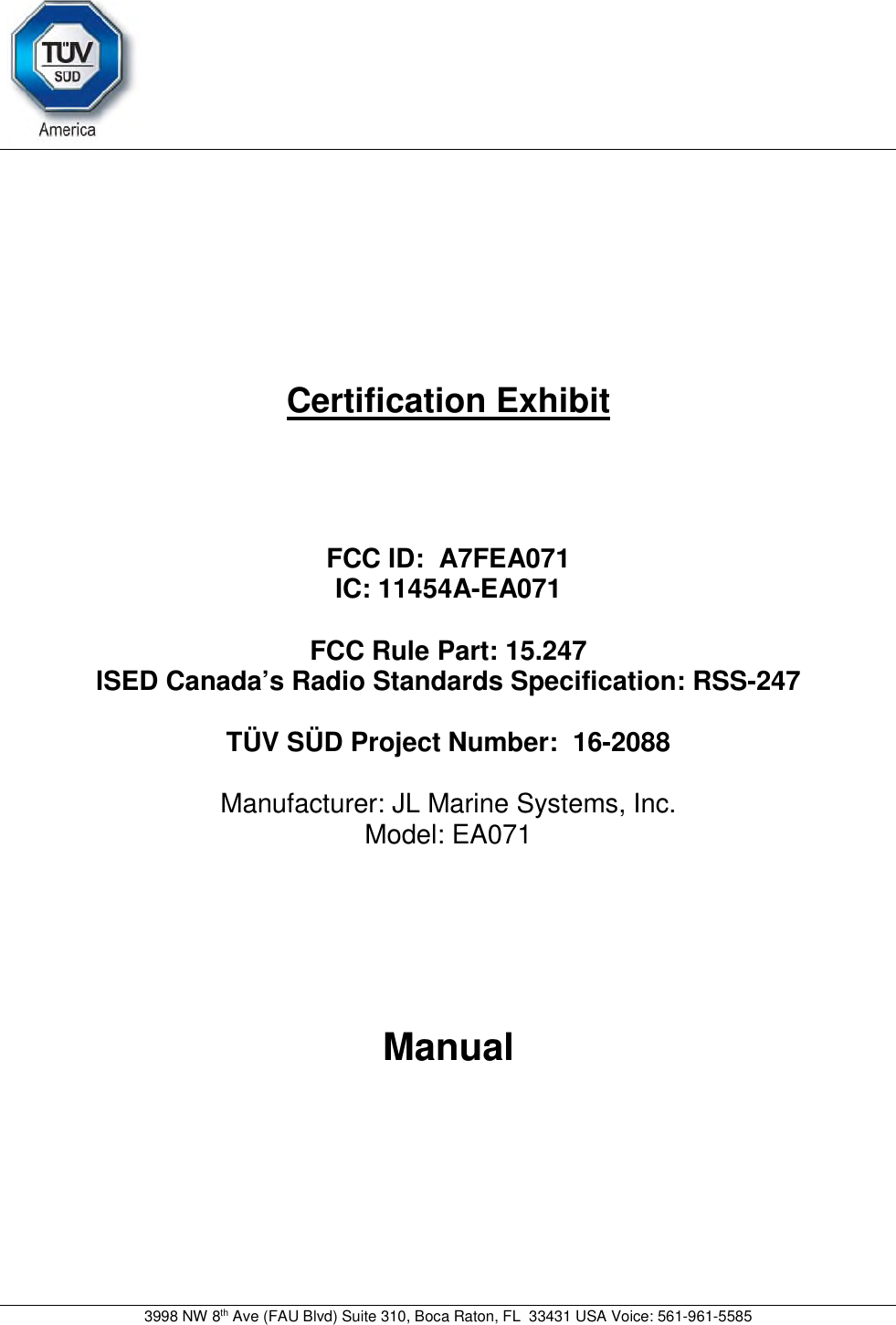 Page 1 of JL MARINE SYSTEMS EA071 Boat mounted remote control User Manual 16 2088   Manual Coverx