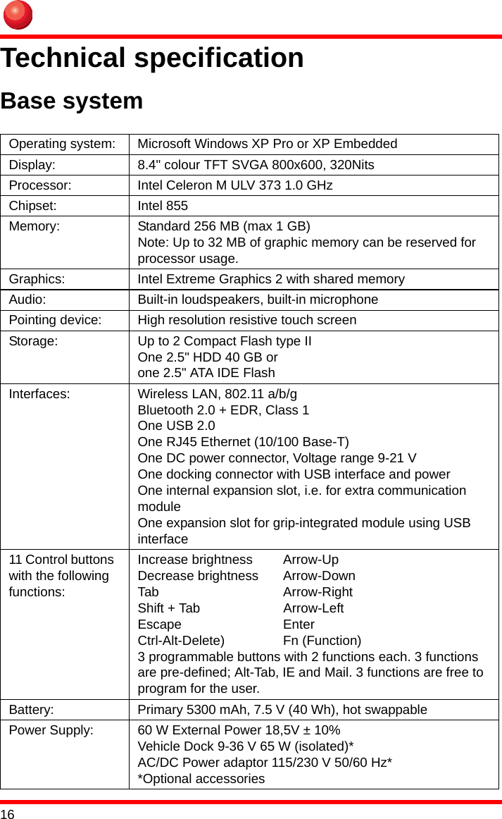 16Technical specificationBase systemOperating system: Microsoft Windows XP Pro or XP EmbeddedDisplay: 8.4&quot; colour TFT SVGA 800x600, 320NitsProcessor: Intel Celeron M ULV 373 1.0 GHzChipset: Intel 855Memory: Standard 256 MB (max 1 GB)Note: Up to 32 MB of graphic memory can be reserved for processor usage.Graphics: Intel Extreme Graphics 2 with shared memoryAudio: Built-in loudspeakers, built-in microphonePointing device: High resolution resistive touch screenStorage: Up to 2 Compact Flash type IIOne 2.5&quot; HDD 40 GB or one 2.5&quot; ATA IDE FlashInterfaces: Wireless LAN, 802.11 a/b/gBluetooth 2.0 + EDR, Class 1One USB 2.0One RJ45 Ethernet (10/100 Base-T)One DC power connector, Voltage range 9-21 VOne docking connector with USB interface and powerOne internal expansion slot, i.e. for extra communication moduleOne expansion slot for grip-integrated module using USB interface11 Control buttons with the following functions:Increase brightness Arrow-UpDecrease brightness Arrow-DownTab Arrow-RightShift + Tab Arrow-LeftEscape EnterCtrl-Alt-Delete) Fn (Function)3 programmable buttons with 2 functions each. 3 functions are pre-defined; Alt-Tab, IE and Mail. 3 functions are free to program for the user.Battery: Primary 5300 mAh, 7.5 V (40 Wh), hot swappablePower Supply: 60 W External Power 18,5V ± 10%Vehicle Dock 9-36 V 65 W (isolated)*AC/DC Power adaptor 115/230 V 50/60 Hz**Optional accessories