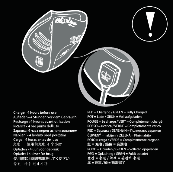RED = Charging / GREEN = Fully ChargedROT = Lade / GRÜN = Voll aufgeladenROUGE = Se charge / VERT = Complètement chargéROSSO = ricarica / VERDE = Completamente caricoRED = Зарядка / ЗЕЛЕНЫЙ = Полностью заряженČERVENÝ = nabíjení / ZELENÁ = Plně nabitoROJO = carga / VERDE = Completamente cargado㏏ٲ⩢㐬㞟ٲ␎⩢ROOD = Opladen / GROEN = Volledig opgeladenRØD = Opladning / GRØN = Fuldt opladetゾṚGdG㿿㩚GVG⏏㌟GdG㢚㩚䧞G㿿㩚赤 = 充電 / 緑 = 充電完了使用前に4時間充電をしてください
