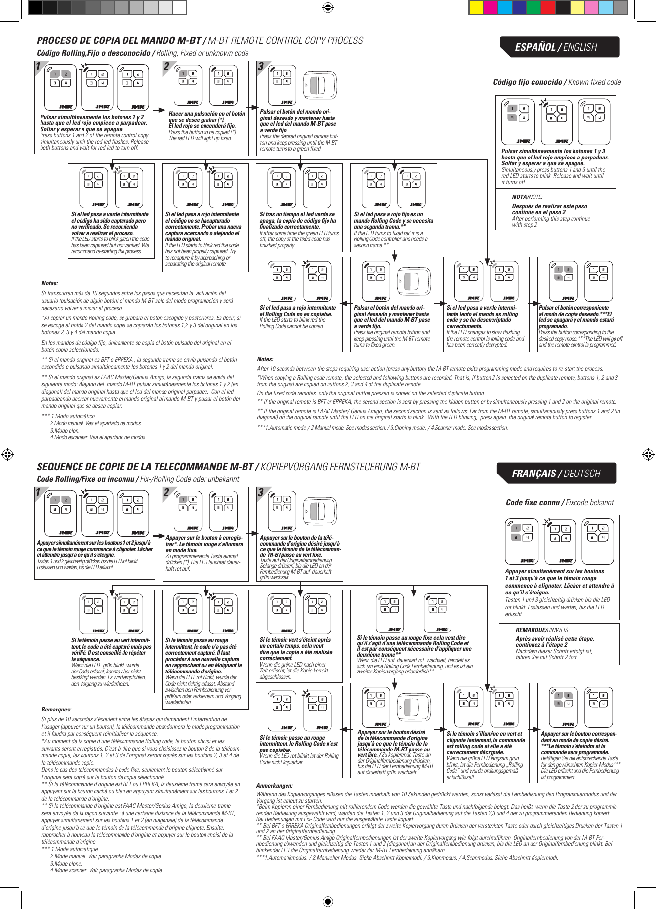 PROCESO DE COPIA DEL MANDO M-BT / M-BT REMOTE CONTROL COPY PROCESSSEQUENCE DE COPIE DE LA TELECOMMANDE M-BT / KOPIERVORGANG FERNSTEUERUNG M-BTCódigo Rolling,Fijo o desconocido / Rolling, Fixed or unknown codeCode Rolling/Fixe ou inconnu / Fix-/Rolling Code oder unbekanntCódigo fijo conocido / Known fixed codeCode fixe connu / Fixcode bekanntHacer una pulsación en el botón que se desee grabar (*). El led rojo se encenderá fijo.Press the button to be copied (*).The red LED will light up fixed.Appuyer sur le bouton à enregis-trer*. Le témoin rouge s’allumera en mode fixe.Zu programmierende Taste einmal drücken (*). Die LED leuchtet dauer-haft rot auf.Si el led pasa a verde intermitente el código ha sido capturado pero no verificado. Se recomienda volver a realizar el proceso.If the LED starts to blink green the code has been captured but not verified. We recommend re-starting the process.Si le témoin passe au vert intermit-tent, le code a été capturé mais pas vérifié. Il est conseillé de répéter la séquence.Wenn die LED   grün blinkt  wurde der Code erfasst, konnte aber nicht bestätigt werden. Es wird empfohlen, den Vorgang zu wiederholen.Pulsar el botón del mando ori-ginal deseado y mantener hasta que el led del mando M-BT pase a verde fijo.Press the desired original remote but-ton and keep pressing until the M-BT remote turns to a green fixed.Appuyer sur le bouton de la télé-commande d’origine désiré jusqu’à ce que le témoin de la télécomman-de  M-BTpasse au vert fixe. Taste auf der Originalfernbedienung Solange drücken, bis die LED an der Fernbedienung M-BT auf  dauerhaft grün wechselt.Si el led pasa a rojo intermitente el código no se hacapturado correctamente. Probar una nueva captura acercando o alejando el mando original.If the LED starts to blink red the code has not been properly captured. Try to recapture it by approaching or separating the original remote.Si le témoin passe au rouge intermittent, le code n’a pas été correctement capturé. Il faut procéder à une nouvelle capture en rapprochant ou en éloignant la télécommande d’origine.  Wenn die LED  rot blinkt, wurde der Code nicht richtig erfasst. Abstand zwischen den Fernbedienung ver-größern oder verkleinern und Vorgang wiederholen.Si el led pasa a rojo intermitente el Rolling Code no es copiable.If the LED starts to blink red the Rolling Code cannot be copied.Si le témoin passe au rouge intermittent, le Rolling Code n’est pas copiable.Wenn die LED rot blinkt ist der Rolling Code nicht kopierbar.Si tras un tiempo el led verde se apaga, la copia de código fijo ha finalizado correctamente.If after some time the green LED turns off, the copy of the fixed code has finished properly.Si le témoin vert s’éteint après un certain temps, cela veut dire que la copie a été réalisée correctement.Wenn die grüne LED nach einer Zeit erlischt, ist die Kopie korrekt abgeschlossen.Pulsar el botón del mando ori-ginal deseado y mantener hasta que el led del mando M-BT pase a verde fijo.Press the original remote button and keep pressing until the M-BT remote turns to fixed green.Appuyer sur le bouton désiré de la télécommande d’origine jusqu’à ce que le témoin de la télécommande M-BT passe au vert fixe. / Zu kopierende Taste an der Originalfernbedienung drücken, bis die LED der Fernbedienung M-BT auf dauerhaft grün wechselt.Si el led pasa a rojo fijo es un mando Rolling Code y se necesita una segunda trama.**If the LED turns to fixed red it is a Rolling Code controller and needs a second frame.**Si le témoin passe au rouge fixe cela veut dire qu’il s’agit d’une télécommande Rolling Code et il est par conséquent nécessaire d’appliquer une deuxième trame** Wenn die LED auf  dauerhaft rot  wechselt, handelt es sich um eine Rolling Code Fernbedienung, und es ist ein zweiter Kopiervorgang erforderlich**Si el led pasa a verde intermi-tente lento el mando es rolling code y se ha desencriptado correctamente.If the LED changes to slow flashing, the remote control is rolling code and has been correctly decrypted.Si le témoin s’illumine en vert et clignote lentement, la commande est rolling code et elle a été correctement décryptée.Wenn die grüne LED langsam grün blinkt, ist die Fernbedienung „Rolling Code“ und wurde ordnungsgemäß entschlüsseltPulsar el botón corresponiente al modo de copia deseado.***El led se apagará y el mando estará programado.Press the button corresponding to the desired copy mode.***The LED will go off and the remote control is programmed.Appuyer sur le bouton correspon-dant au mode de copie désiré. ***Le témoin s’éteindra et la commande sera programmée.Betätigen Sie die entsprechende Taste für den gewünschten Kopier-Modus*** Die LED erlischt und die Fernbedienung ist programmiert.Pulsar simultáneamente los botones 1 y 2 hasta que el led rojo empiece a parpadear. Soltar y esperar a que se apague.Press buttons 1 and 2 of the remote control copy simultaneously until the red led flashes. Release both buttons and wait for red led to turn off.Appuyer simultanément sur les boutons 1 et 2 jusqu’à ce que le témoin rouge commence à clignoter. Lâcher et attendre jusqu’à ce qu’il s’éteigne.Tasten 1 und 2 gleichzeitig drücken bis die LED rot blinkt. Loslassen und warten, bis die LED erlischt.Pulsar simultáneamente los botones 1 y 3 hasta que el led rojo empiece a parpadear. Soltar y esperar a que se apague.Simultaneously press buttons 1 and 3 until the red LED starts to blink. Release and wait until it turns off.Appuyer simultanément sur les boutons 1 et 3 jusqu’à ce que le témoin rouge commence à clignoter. Lâcher et attendre à ce qu’il s’éteigne.Tasten 1 und 3 gleichzeitig drücken bis die LED rot blinkt. Loslassen und warten, bis die LED erlischt.NOTA/NOTE:Después de realizar este paso continúe en el paso 2After performing this step continue with step 2REMARQUE/HINWEIS:Après avoir réalisé cette étape, continuez à l’étape 2Nachdem dieser Schritt erfolgt ist, fahren Sie mit Schritt 2 fort1 2 3Notas:Si transcurren más de 10 segundos entre los pasos que necesitan la  actuación del usuario (pulsación de algún botón) el mando M-BT sale del modo programación y será necesario volver a iniciar el proceso.*Al copiar un mando Rolling code, se grabará el botón escogido y posteriores. Es decir, si se escoge el botón 2 del mando copia se copiarán los botones 1,2 y 3 del original en los botones 2, 3 y 4 del mando copia. En los mandos de código fijo, únicamente se copia el botón pulsado del original en el botón copia seleccionado. ** Si el mando original es BFT o ERREKA , la segunda trama se envía pulsando el botón escondido o pulsando simultáneamente los botones 1 y 2 del mando original. ** Si el mando original es FAAC Master/Genius Amigo, la segunda trama se envía del siguiente modo: Alejado del  mando M-BT pulsar simultáneamente los botones 1 y 2 (en diagonal) del mando original hasta que el led del mando original parpadee.  Con el led parpadeando acercar nuevamente el mando original al mando M-BT y pulsar el botón del mando original que se desea copiar.*** 1.Modo automático2.Modo manual. Vea el apartado de modos.3.Modo clon.4.Modo escanear. Vea el apartado de modos.Remarques:Si plus de 10 secondes s’écoulent entre les étapes qui demandent l’intervention de l’usager (appuyer sur un bouton), la télécommande abandonnera le mode programmation et il faudra par conséquent réinitialiser la séquence.  *Au moment de la copie d’une télécommande Rolling code, le bouton choisi et les suivants seront enregistrés. C’est-à-dire que si vous choisissez le bouton 2 de la télécom-mande copie, les boutons 1, 2 et 3 de l’original seront copiés sur les boutons 2, 3 et 4 de la télécommande copie.   Dans le cas des télécommandes à code fixe, seulement le bouton sélectionné sur l’original sera copié sur le bouton de copie sélectionné.   ** Si la télécommande d’origine est BFT ou ERREKA, la deuxième trame sera envoyée en appuyant sur le bouton caché ou bien en appuyant simultanément sur les boutons 1 et 2 de la télécommande d’origine.   ** Si la télécommande d’origine est FAAC Master/Genius Amigo, la deuxième trame sera envoyée de la façon suivante : à une certaine distance de la télécommande M-BT, appuyer simultanément sur les boutons 1 et 2 (en diagonale) de la télécommande d’origine jusqu’à ce que le témoin de la télécommande d’origine clignote. Ensuite, rapprocher à nouveau la télécommande d’origine et appuyer sur le bouton choisi de la télécommande d’origine*** 1.Mode automatique. 2.Mode manuel. Voir paragraphe Modes de copie.3.Mode clone.4.Mode scanner. Voir paragraphe Modes de copie.Notes:After 10 seconds between the steps requiring user action (press any button) the M-BT remote exits programming mode and requires to re-start the process.*When copying a Rolling code remote, the selected and following buttons are recorded. That is, if button 2 is selected on the duplicate remote, buttons 1, 2 and 3 from the original are copied on buttons 2, 3 and 4 of the duplicate remote. On the fixed code remotes, only the original button pressed is copied on the selected duplicate button. ** If the original remote is BFT or ERREKA, the second section is sent by pressing the hidden button or by simultaneously pressing 1 and 2 on the original remote. ** If the original remote is FAAC Master/ Genius Amigo, the second section is sent as follows: Far from the M-BT remote, simultaneously press buttons 1 and 2 (in diagonal) on the original remote until the LED on the original starts to blink.  With the LED blinking,  press again  the original remote button to register***1.Automatic mode / 2.Manual mode. See modes section. / 3.Cloning mode. / 4.Scanner mode. See modes section.Anmerkungen:Während des Kopiervorganges müssen die Tasten innerhalb von 10 Sekunden gedrückt werden, sonst verlässt die Fernbedienung den Programmiermodus und der Vorgang ist erneut zu starten.*Beim Kopieren einer Fernbedienung mit rollierendem Code werden die gewählte Taste und nachfolgende belegt. Das heißt, wenn die Taste 2 der zu programmie-renden Bedienung ausgewählt wird, werden die Tasten 1, 2 und 3 der Originalbedienung auf die Tasten 2,3 und 4 der zu programmierenden Bedienung kopiert. Bei Bedienungen mit Fix- Code wird nur die ausgewählte Taste kopiert.** Bei BFT o ERREKA Originalfernbedienungen erfolgt der zweite Kopiervorgang durch Drücken der versteckten Taste oder durch gleichzeitiges Drücken der Tasten 1 und 2 an der Originalfernbedienung. ** Bei FAAC Master/Genius Amigo Originalfernbedienungen ist der zweite Kopiervorgang wie folgt durchzuführen  Originalfernbedienung von der M-BT Fer-nbedienung abwenden und gleichzeitig die Tasten 1 und 2 (diagonal) an der Originalfernbedienung drücken, bis die LED an der Originalfernbedienung blinkt. Bei blinkender LED die Originalfernbedienung wieder der M-BT Fernbedienung annähern.***1.Automatikmodus. / 2.Manueller Modus. Siehe Abschnitt Kopiermodi. / 3.Klonmodus. / 4.Scanmodus. Siehe Abschnitt Kopiermodi.1 2 3ESPAÑOL / ENGLISHFRANÇAIS / DEUTSCH