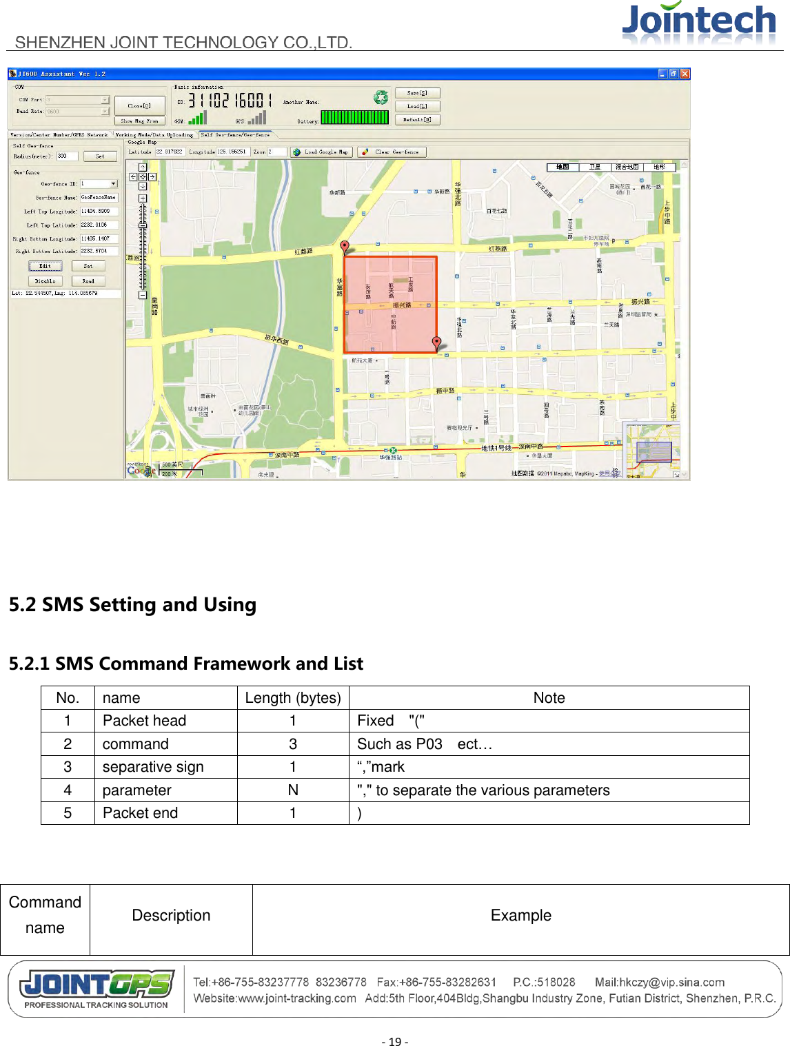                                        - 19 -    5.2 SMS Setting and Using 5.2.1 SMS Command Framework and List No. name Length (bytes) Note 1 Packet head   1 Fixed    &quot;(&quot; 2 command 3 Such as P03    ect… 3 separative sign 1 “,”mark 4 parameter N &quot;,&quot; to separate the various parameters 5 Packet end 1 )  Command name Description Example   
