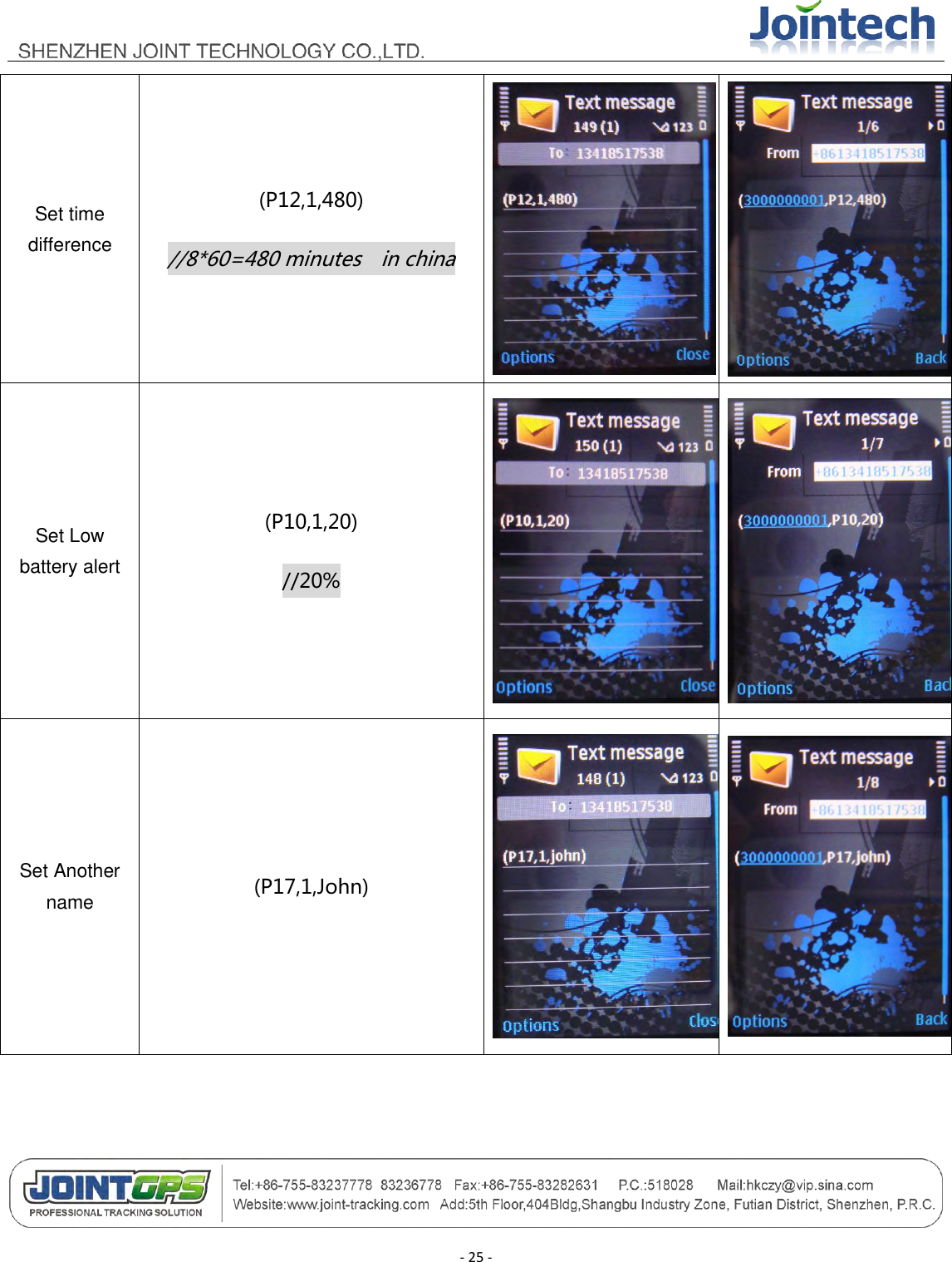                                        - 25 - Set time difference (P12,1,480) //8*60=480 minutes    in china   Set Low battery alert (P10,1,20) //20%   Set Another name (P17,1,John)   