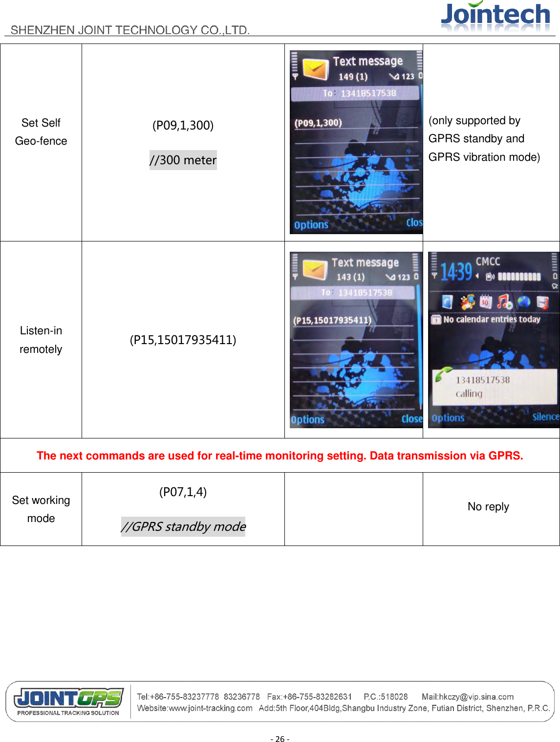                                        - 26 - Set Self Geo-fence  (P09,1,300) //300 meter     (only supported by GPRS standby and GPRS vibration mode) Listen-in remotely (P15,15017935411)   The next commands are used for real-time monitoring setting. Data transmission via GPRS. Set working mode (P07,1,4) //GPRS standby mode   No reply 