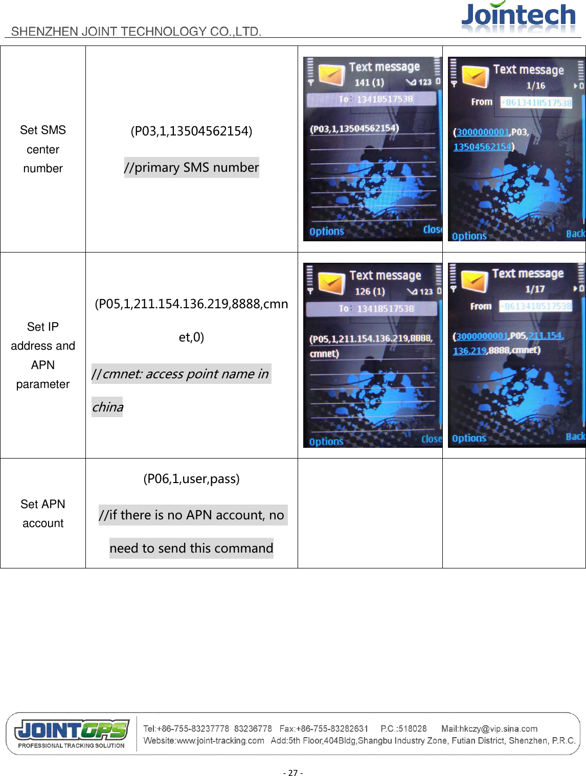                                        - 27 - Set SMS center number (P03,1,13504562154) //primary SMS number   Set IP address and APN parameter (P05,1,211.154.136.219,8888,cmnet,0) //cmnet: access point name in china   Set APN account (P06,1,user,pass) //if there is no APN account, no need to send this command   