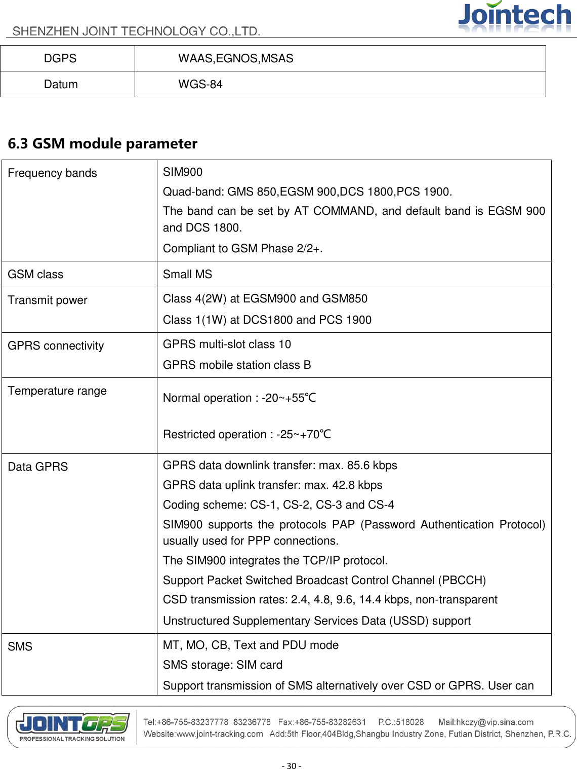                                        - 30 - DGPS WAAS,EGNOS,MSAS Datum WGS-84  6.3 GSM module parameter Frequency bands SIM900   Quad-band: GMS 850,EGSM 900,DCS 1800,PCS 1900. The band can be set by AT COMMAND, and default band is EGSM 900 and DCS 1800. Compliant to GSM Phase 2/2+. GSM class Small MS Transmit power Class 4(2W) at EGSM900 and GSM850   Class 1(1W) at DCS1800 and PCS 1900   GPRS connectivity GPRS multi-slot class 10   GPRS mobile station class B   Temperature range Normal operation : -20~+55℃ Restricted operation : -25~+70℃ Data GPRS GPRS data downlink transfer: max. 85.6 kbps   GPRS data uplink transfer: max. 42.8 kbps   Coding scheme: CS-1, CS-2, CS-3 and CS-4   SIM900  supports  the  protocols  PAP  (Password  Authentication  Protocol) usually used for PPP connections.   The SIM900 integrates the TCP/IP protocol.   Support Packet Switched Broadcast Control Channel (PBCCH)   CSD transmission rates: 2.4, 4.8, 9.6, 14.4 kbps, non-transparent   Unstructured Supplementary Services Data (USSD) support   SMS MT, MO, CB, Text and PDU mode   SMS storage: SIM card   Support transmission of SMS alternatively over CSD or GPRS. User can 