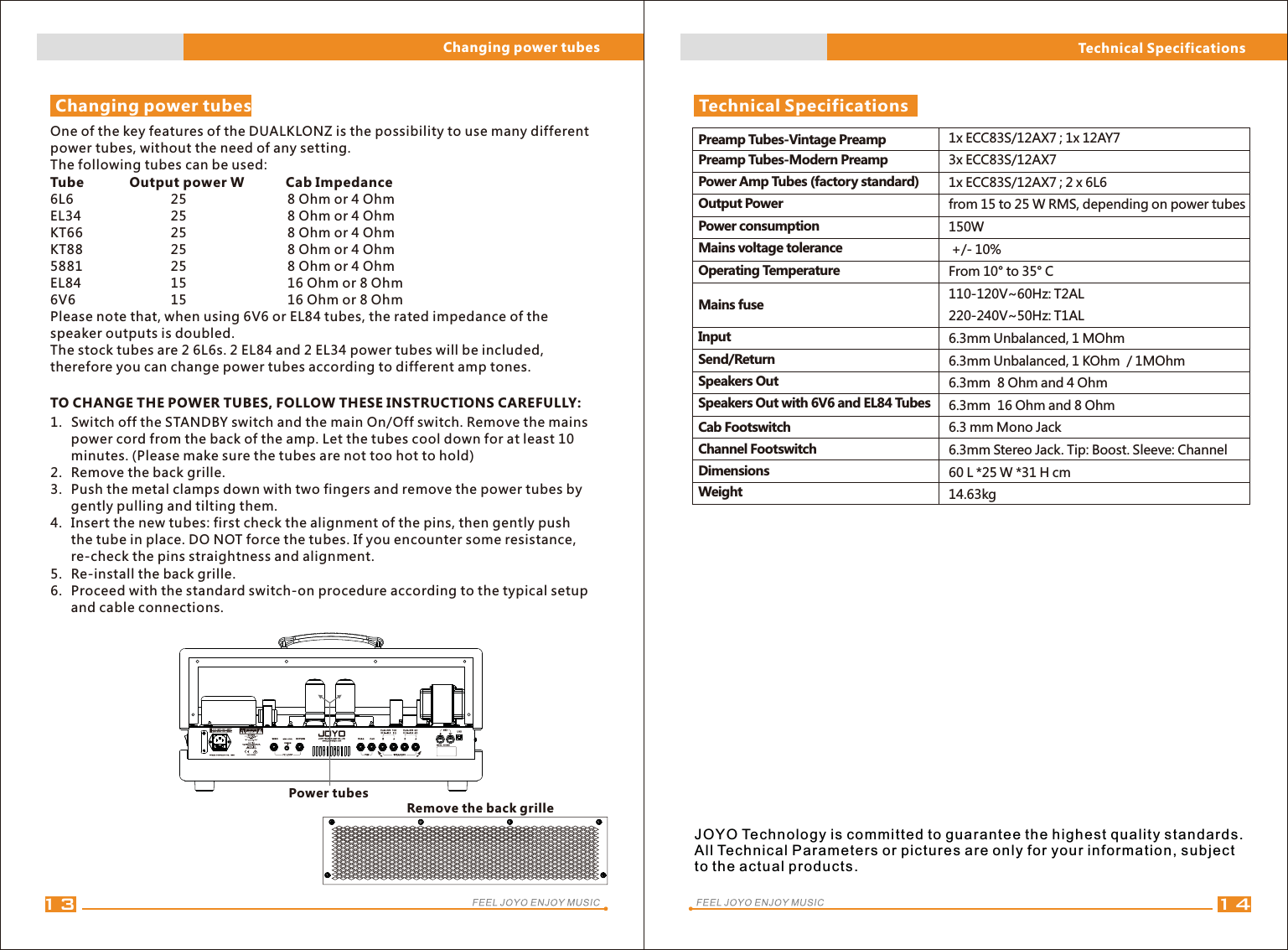1413One of the key features of the DUALKLONZ is the possibility to use many different power tubes, without the need of any setting.The following tubes can be used:Tube    Output power W           Cab Impedance6L6      25 8 Ohm or 4 OhmEL34      25 8 Ohm or 4 OhmKT66      25 8 Ohm or 4 OhmKT88      25 8 Ohm or 4 Ohm5881      25 8 Ohm or 4 OhmEL84      15 16 Ohm or 8 Ohm6V6      15 16 Ohm or 8 OhmPlease note that, when using 6V6 or EL84 tubes, the rated impedance of the speaker outputs is doubled. The stock tubes are 2 6L6s. 2 EL84 and 2 EL34 power tubes will be included, therefore you can change power tubes according to different amp tones.Changing power tubes Technical Specifications1x ECC83S/12AX7 ; 1x 12AY73x ECC83S/12AX71x ECC83S/12AX7 ; 2 x 6L6from 15 to 25 W RMS, depending on power tubes150W +/- 10%From 10° to 35° C 110-120V~60Hz: T2AL220-240V~50Hz: T1AL6.3mm Unbalanced, 1 MOhm6.3mm Unbalanced, 1 KOhm  / 1MOhm6.3mm  8 Ohm and 4 Ohm6.3mm  16 Ohm and 8 Ohm6.3 mm Mono Jack 6.3mm Stereo Jack. Tip: Boost. Sleeve: Channel 60 L *25 W *31 H cm14.63kgChanging power tubesSwitch off the STANDBY switch and the main On/Off switch. Remove the mains power cord from the back of the amp. Let the tubes cool down for at least 10 minutes. (Please make sure the tubes are not too hot to hold)Remove the back grille. Push the metal clamps down with two fingers and remove the power tubes by gently pulling and tilting them.Insert the new tubes: first check the alignment of the pins, then gently push the tube in place. DO NOT force the tubes. If you encounter some resistance, re-check the pins straightness and alignment. Re-install the back grille. Proceed with the standard switch-on procedure according to the typical setup and cable connections.1.2. 3. 4.5.6.Power tubesRemove the back grilleTechnical SpecificationsPreamp Tubes-Vintage Preamp Preamp Tubes-Modern Preamp Power Amp Tubes (factory standard) Output Power Power consumption Mains voltage tolerance Operating Temperature Mains fuse Input Send/ReturnSpeakers Out Speakers Out with 6V6 and EL84 Tubes Cab Footswitch Channel Footswitch DimensionsWeight JOYO Technology is committed to guarantee the highest quality standards. All Technical Parameters or pictures are only for your information, subject to the actual products.TO CHANGE THE POWER TUBES, FOLLOW THESE INSTRUCTIONS CAREFULLY: