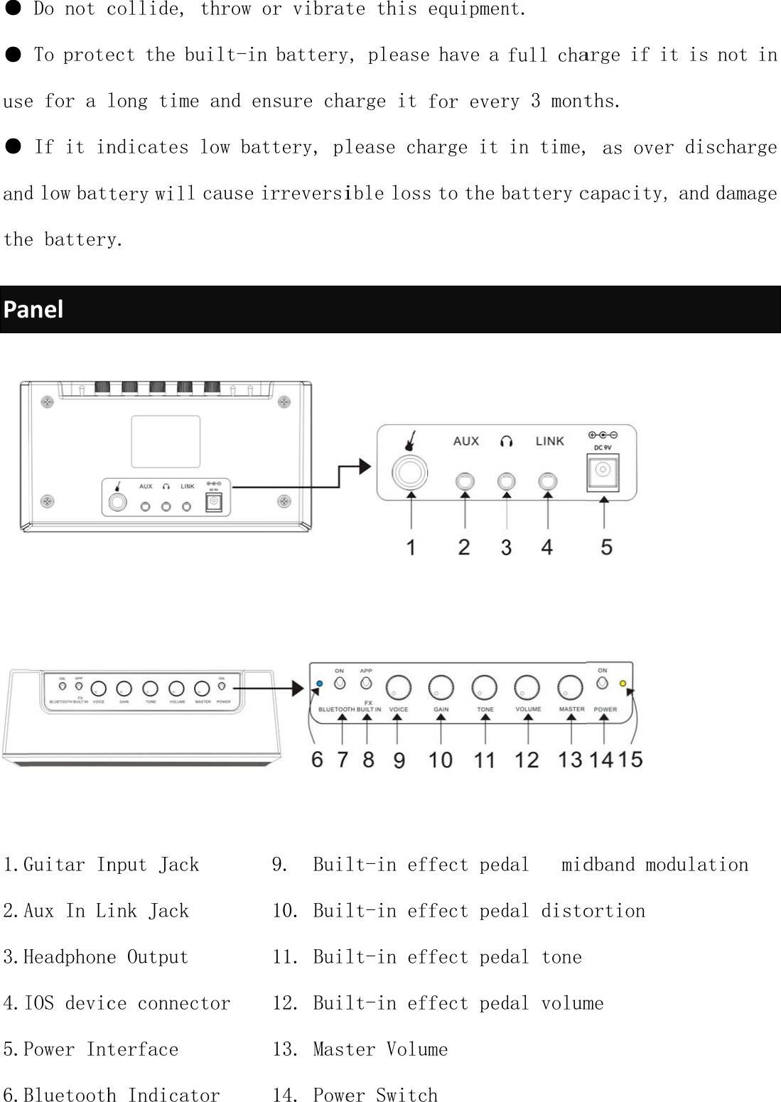 ● ● use● andthePa1.G2.A3.H4.I5.P6.BDo not cTo protee for a lIf it ind low bate batterynelGuitar InAux In LiHeadphoneIOS devicPower IntBluetoothcollide,ect the blong timndicatestery willy. nput Jacink Jacke Outputce conneterface h Indica throw obuilt-in me and en low batl cause ik       k                ctor            ator     or vibratbatterynsure chattery, plrreversi9.  Buil10. Buil11. Buil12. Buil13. Mast14. Powete thisy, pleasearge it lease chible losslt-in eflt-in eflt-in eflt-in efter Voluer Switcequipmene have a for everarge it s to the bffect pedffect pedffect pedffect pedume h nt. full chary 3 montin time,battery cdal   middal distodal tone dal volumarge if iths.  as overcapacity,dband moortion me it is notr discha, a n d  d amdulationt in arge mage n 
