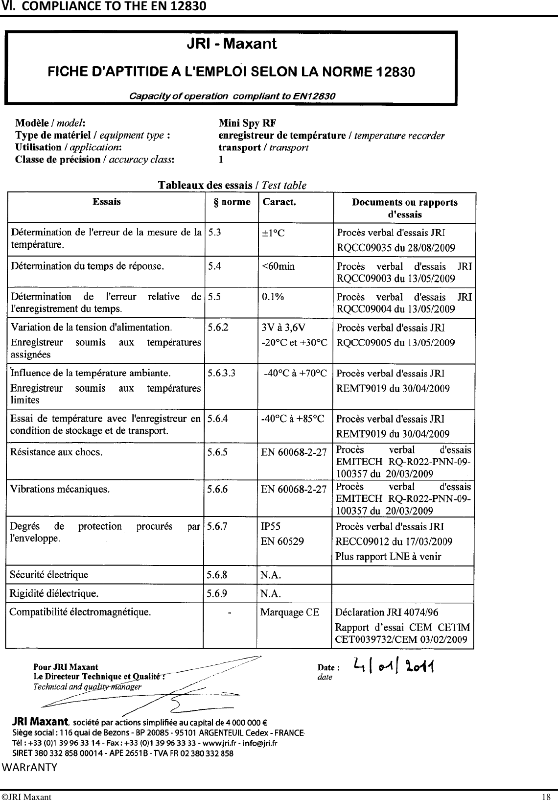 ©JRI Maxant    18 VI. COMPLIANCE TO THE EN 12830  WARrANTY 