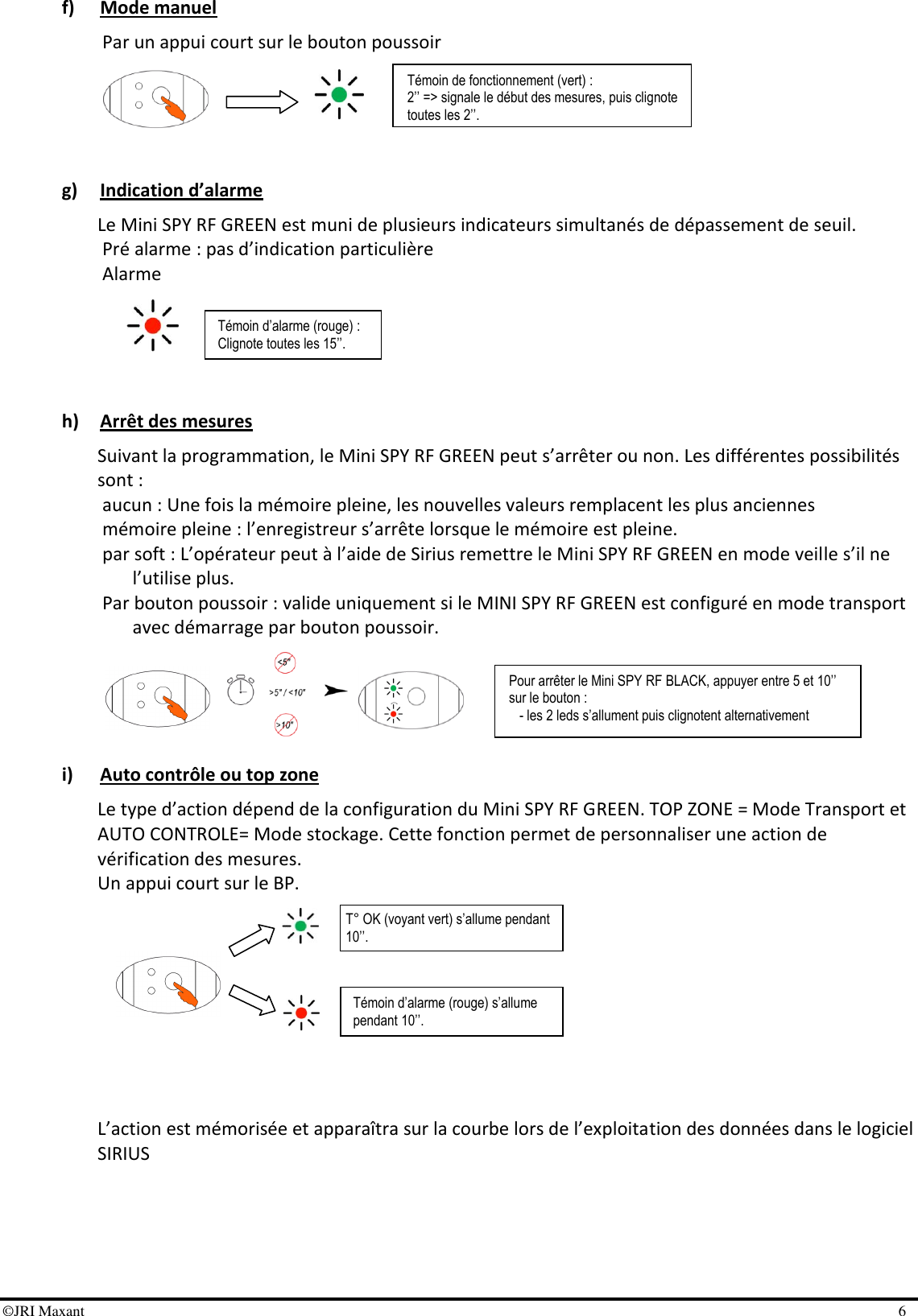 ©JRI Maxant    6 T° OK (voyant vert) s’allume pendant 10’’. Témoin d’alarme (rouge) s’allume pendant 10’’. f) Mode manuel  Par un appui court sur le bouton poussoir      g) Indication d’alarme Le Mini SPY RF GREEN est muni de plusieurs indicateurs simultanés de dépassement de seuil. Pré alarme : pas d’indication particulière Alarme      h) Arrêt des mesures Suivant la programmation, le Mini SPY RF GREEN peut s’arrêter ou non. Les différentes possibilités sont : aucun : Une fois la mémoire pleine, les nouvelles valeurs remplacent les plus anciennes mémoire pleine : l’enregistreur s’arrête lorsque le mémoire est pleine. par soft : L’opérateur peut à l’aide de Sirius remettre le Mini SPY RF GREEN en mode veille s’il ne l’utilise plus. Par bouton poussoir : valide uniquement si le MINI SPY RF GREEN est configuré en mode transport avec démarrage par bouton poussoir.      i) Auto contrôle ou top zone Le type d’action dépend de la configuration du Mini SPY RF GREEN. TOP ZONE = Mode Transport et AUTO CONTROLE= Mode stockage. Cette fonction permet de personnaliser une action de vérification des mesures. Un appui court sur le BP.           L’action est mémorisée et apparaîtra sur la courbe lors de l’exploitation des données dans le logiciel SIRIUS  Pour arrêter le Mini SPY RF BLACK, appuyer entre 5 et 10’’ sur le bouton : - les 2 leds s’allument puis clignotent alternativement Témoin de fonctionnement (vert) : 2’’ =&gt; signale le début des mesures, puis clignote toutes les 2’’.  Témoin d’alarme (rouge) : Clignote toutes les 15’’. 