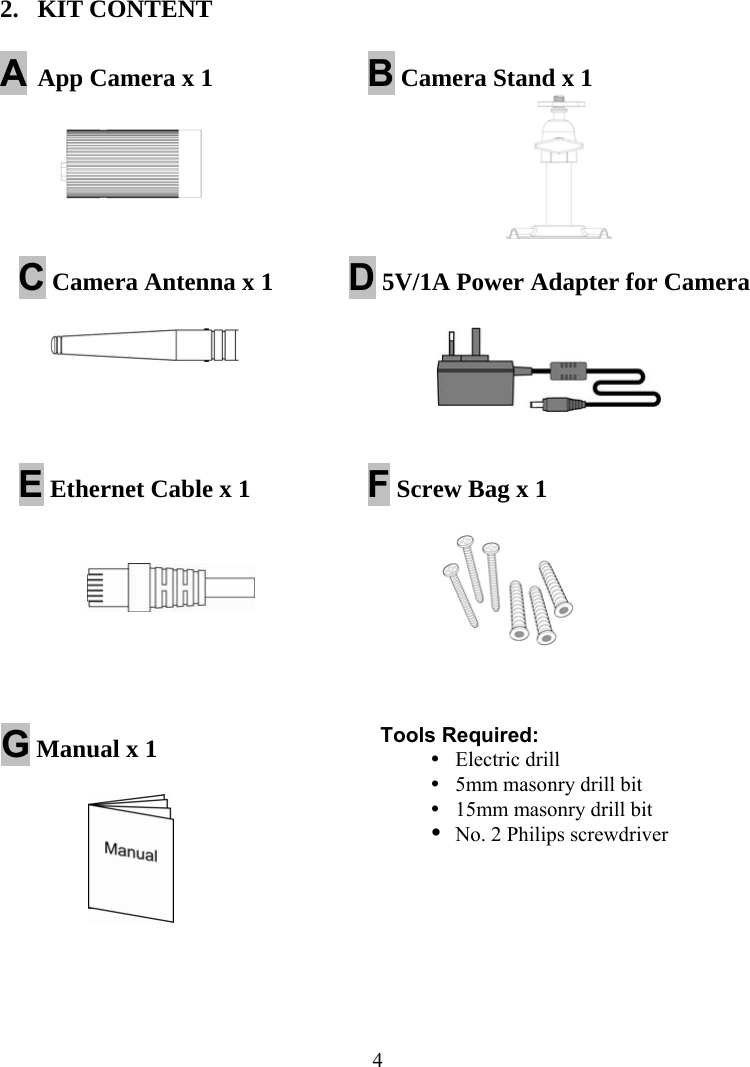  42. KIT CONTENT  A App Camera x 1   B Camera Stand x 1  C Camera Antenna x 1   D 5V/1A Power Adapter for Camera      E Ethernet Cable x 1    F Screw Bag x 1    G Manual x 1     Tools Required:  Electric drill  5mm masonry drill bit  15mm masonry drill bit  No. 2 Philips screwdriver  