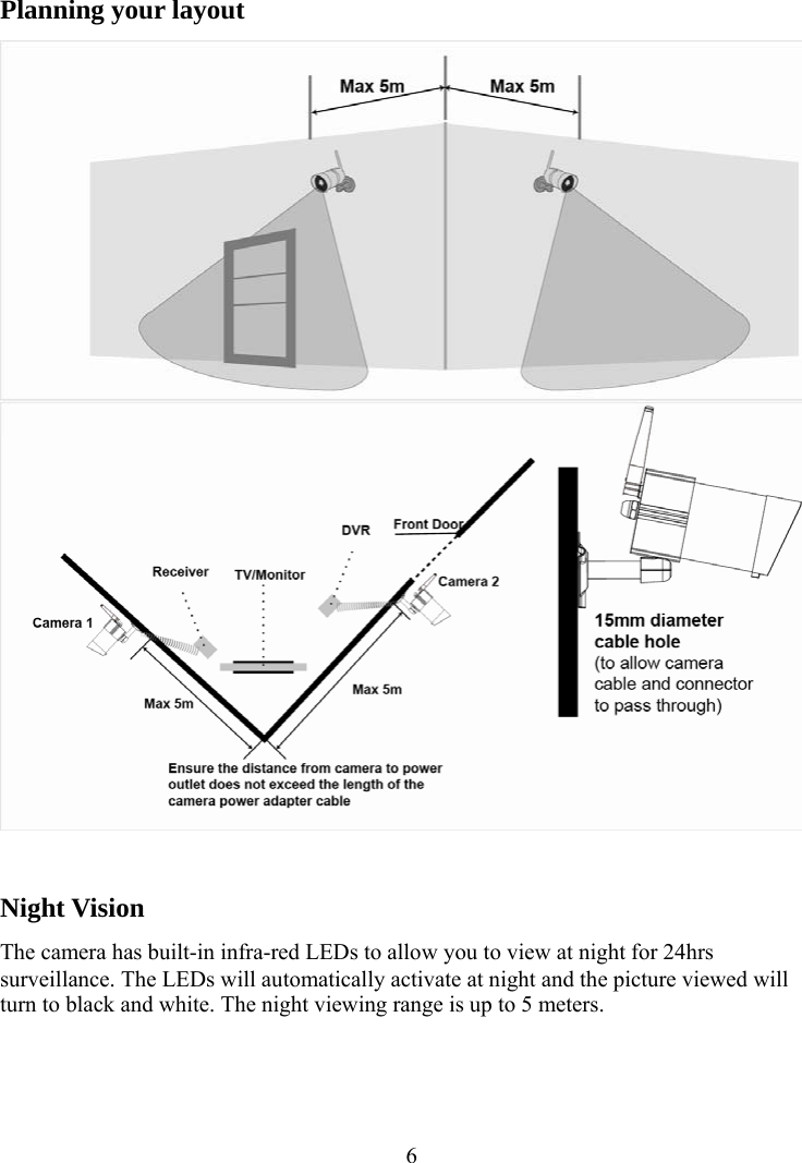  6Planning your layout    Night Vision The camera has built-in infra-red LEDs to allow you to view at night for 24hrs surveillance. The LEDs will automatically activate at night and the picture viewed will turn to black and white. The night viewing range is up to 5 meters. 