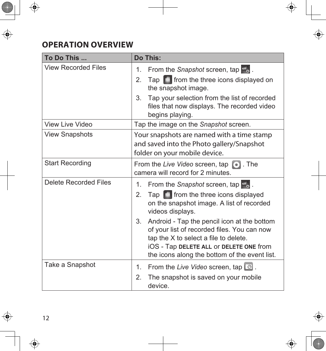 1213OPERATION OVERVIEWTo Do This ... Do This:View Recorded Files 1.  From the Snapshot screen, tap   .2.  Tap    from the three icons displayed on the snapshot image.3.  Tap your selection from the list of recorded files that now displays. The recorded video begins playing.View Live Video Tap the image on the Snapshot screen.View Snapshots Your snapshots are named with a time stamp and saved into the Photo gallery/Snapshot folder on your mobile device.Start Recording From the Live Video screen, tap    . The camera will record for 2 minutes.Delete Recorded Files 1.  From the Snapshot screen, tap   .2.  Tap    from the three icons displayed on the snapshot image. A list of recorded videos displays.3.  Android - Tap the pencil icon at the bottom of your list of recorded files. You can now tap the X to select a file to delete. iOS - Tap DELETE ALL or DELETE ONE from the icons along the bottom of the event list.Take a Snapshot 1.  From the Live Video screen, tap   . 2.  The snapshot is saved on your mobile device.