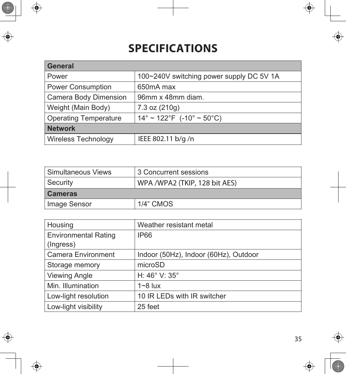 3435SPECIFICATIONSGeneralPower 100~240V switching power supply DC 5V 1APower Consumption 650mA maxCamera Body Dimension 96mm x 48mm diam.Weight (Main Body) 7.3 oz (210g)Operating Temperature  14° ~ 122°F  (-10° ~ 50°C)NetworkWireless Technology IEEE 802.11 b/gNetwork Connection Ethernet (10/100 Base-T/Base -TX); WiFiNetwork Protocols TCP/IP, UDP, SMTP, NTP, DHCP, ARPSimultaneous Views 3 Concurrent sessionsSecurity WPA /WPA2 (TKIP, 128 bit AES)Cameras Image Sensor 1/4” CMOSAntenna 3dBi Waterproof DipoleHousing Weather resistant metalEnvironmental Rating (Ingress)IP66Camera Environment Indoor (50Hz), Indoor (60Hz), OutdoorStorage memory microSDViewing Angle H: 46° V: 35°Min. Illumination 1~8 luxLow-light resolution 10 IR LEDs with IR switcherLow-light visibility 25 feetIEEE 802.11 b/g /n 