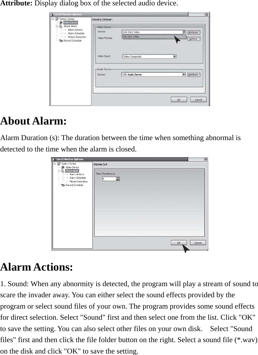 Attribute: Display dialog box of the selected audio device.    About Alarm:   Alarm Duration (s): The duration between the time when something abnormal is detected to the time when the alarm is closed.    Alarm Actions:   1. Sound: When any abnormity is detected, the program will play a stream of sound to scare the invader away. You can either select the sound effects provided by the program or select sound files of your own. The program provides some sound effects for direct selection. Select &quot;Sound&quot; first and then select one from the list. Click &quot;OK&quot; to save the setting. You can also select other files on your own disk.    Select &quot;Sound files&quot; first and then click the file folder button on the right. Select a sound file (*.wav) on the disk and click &quot;OK&quot; to save the setting.   