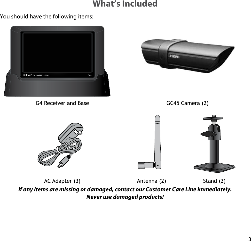 3What’s IncludedYou should have the following items:G4 Receiver and Base GC45 Camera (2)AC Adapter (3)  Antenna (2)  Stand (2) If any items are missing or damaged, contact our Customer Care Line immediately.Never use damaged products! 