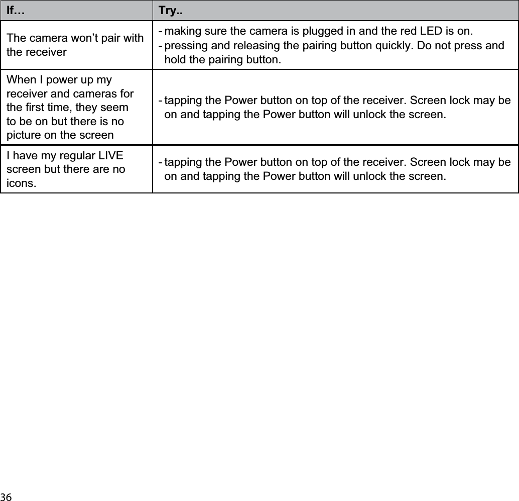 36If… Try..The camera won’t pair with the receiver- making sure the camera is plugged in and the red LED is on.- pressing and releasing the pairing button quickly. Do not press and hold the pairing button.When I power up my receiver and cameras for the first time, they seem to be on but there is no picture on the screen- tapping the Power button on top of the receiver. Screen lock may be on and tapping the Power button will unlock the screen.I have my regular LIVE screen but there are no icons.- tapping the Power button on top of the receiver. Screen lock may be on and tapping the Power button will unlock the screen.
