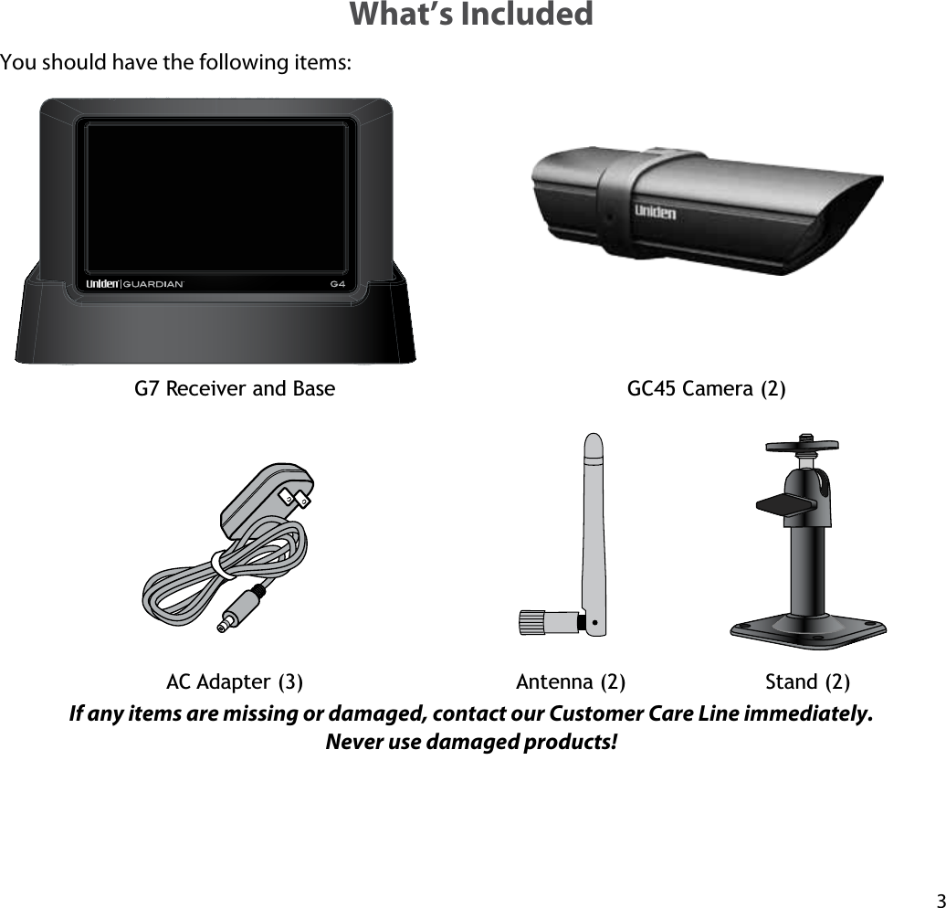 3What’s IncludedYou should have the following items:G7 Receiver and Base GC45 Camera (2)AC Adapter (3) Antenna (2)  Stand (2) If any items are missing or damaged, contact our Customer Care Line immediately. Never use damaged products! 