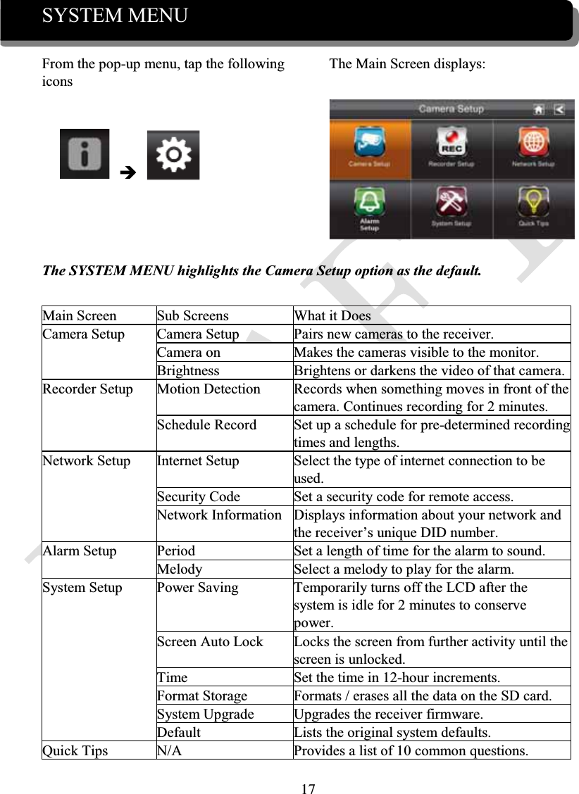 17SYSTEM MENUFrom the pop-up menu, tap the following iconsThe Main Screen displays:ÎThe SYSTEM MENU highlights the Camera Setup option as the default.Main Screen Sub Screens What it DoesCamera Setup Camera Setup Pairs new cameras to the receiver.Camera on Makes the cameras visible to the monitor.Brightness Brightens or darkens the video of that camera.Recorder Setup Motion Detection Records when something moves in front of thecamera. Continues recording for 2 minutes.Schedule Record Set up a schedule for pre-determined recordingtimes and lengths.Network Setup Internet Setup Select the type of internet connection to beused.Security Code Set a security code for remote access.Network Information Displays information about your network and the receiver’s unique DID number.Alarm Setup Period Set a length of time for the alarm to sound.Melody Select a melody to play for the alarm.System Setup Power Saving Temporarily turns off the LCD after the system is idle for 2 minutes to conserve power.Screen Auto Lock Locks the screen from further activity until thescreen is unlocked.Time Set the time in 12-hour increments.Format Storage Formats / erases all the data on the SD card.System Upgrade Upgrades the receiver firmware.Default Lists the original system defaults.Quick TipsN/A Provides a list of 10 common questions.