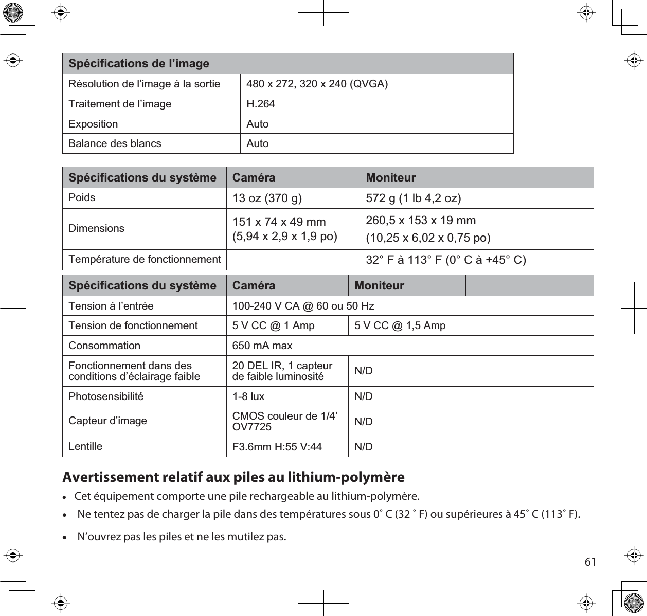 61Spécifications de l’imageRésolution de l’image à la sortie [[49*$Traitement de l’image H.264Exposition AutoBalance des blancs AutoSpécifications du système Caméra MoniteurPoids R]J 572 g (1 lb 4,2 oz)Dimensions 151 x 74 x 49 mm(5,94 x 2,9 x 1,9 po)[[PP[[SRTempérature de fonctionnement )j)&amp;j&amp;Spécifications du système Caméra MoniteurTension à l’entrée 9&amp;$#RX+]Tension de fonctionnement 5 V CC @ 1 Amp  5 V CC @ 1,5 AmpConsommation P$PD[Fonctionnement dans des conditions d’éclairage faible 2&apos;(/,5FDSWHXUde faible luminosité N/DPhotosensibilité 1-8 lux N/DCapteur d’image CMOS couleur de 1/4’ OV7725 N/DLentille F3.6mm H:55 V:44 N/DAvertissement relatif aux piles au lithium-polymèrexCet équipement comporte une pile rechargeable au lithium-polymère.xNe tentez pas de charger la pile dans des températures sous 0˚ C (32 ˚ F) ou supérieures à 45˚ C (113˚ F).xN’ouvrez pas les piles et ne les mutilez pas.