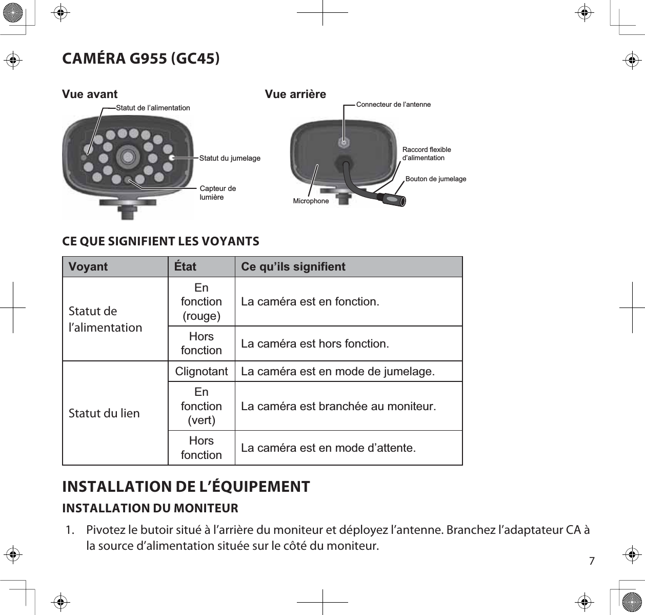 7Vue avant Vue arrièreStatut de l’alimentationStatut du jumelageCapteur de lumière MicrophoneConnecteur de l’antenneRaccord flexibled’alimentationBouton de jumelageCE QUE SIGNIFIENT LES VOYANTSVoyant État Ce qu’ils signifientStatut de l’alimentationEnfonction(rouge)La caméra est en fonction.Horsfonction La caméra est hors fonction.Statut du lienClignotant La caméra est en mode de jumelage.Enfonction(vert)La caméra est branchée au moniteur.Horsfonction La caméra est en mode d’attente.INSTALLATION DE L’ÉQUIPEMENTINSTALLATION DU MONITEUR1. Pivotez le butoir situé à l’arrière du moniteur et déployez l’antenne. Branchez l’adaptateur CA à la source d’alimentation située sur le côté du moniteur.CAMÉRA G955 GC45