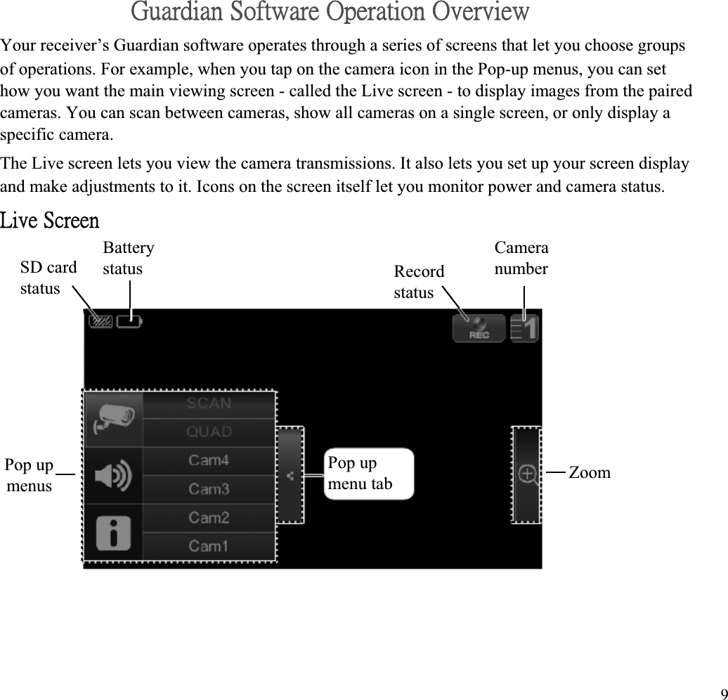˚̈˴̅˷˼˴́ʳ˦̂˹̇̊˴̅˸ʳˢ̃˸̅˴̇˼̂́ʳˢ̉˸̅̉˼˸̊ʳYour receiver’s Guardian software operates through a series of screens that let you choose groups of operations. For example, when you tap on the camera icon in the Pop-up menus, you can set how you want the main viewing screen - called the Live screen - to display images from the paired cameras. You can scan between cameras, show all cameras on a single screen, or only display a specific camera. The Live screen lets you view the camera transmissions. It also lets you set up your screen display and make adjustments to it. Icons on the screen itself let you monitor power and camera status. ˟˼̉˸ʳ˦˶̅˸˸́ʳBattery Camera SD card  status number Recordstatus statusPop up Pop up  Zoommenu tab menus9