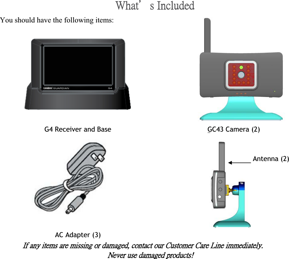 ˪˻˴̇ϗ̆ʳ˜́˶˿̈˷˸˷ʳYou should have the following items: G4 Receiver and Base  GC43 Camera (2) AC Adapter (3) Antenna (2) ˜˹ʳ˴́̌ʳ˼̇˸̀̆ʳ˴̅˸ʳ̀˼̆̆˼́˺ʳ̂̅ʳ˷˴̀˴˺˸˷ʿʳ˶̂́̇˴˶̇ʳ̂̈̅ʳ˖̈̆̇̂̀˸̅ʳ˖˴̅˸ʳ˟˼́˸ʳ˼̀̀˸˷˼˴̇˸˿̌ˁʳˡ˸̉˸̅ʳ̈̆˸ʳ˷˴̀˴˺˸˷ʳ̃̅̂˷̈˶̇̆ʴʳ