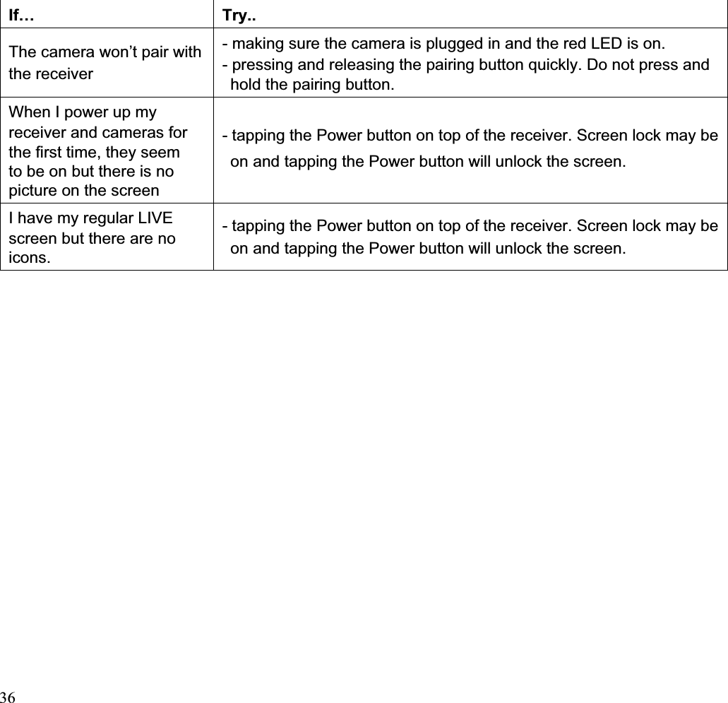 If… Try.. The camera won’t pair withthe receiver - making sure the camera is plugged in and the red LED is on. - pressing and releasing the pairing button quickly. Do not press and hold the pairing button. When I power up my receiver and cameras for the first time, they seem to be on but there is no picture on the screen - tapping the Power button on top of the receiver. Screen lock may beon and tapping the Power button will unlock the screen. I have my regular LIVE screen but there are no icons.- tapping the Power button on top of the receiver. Screen lock may beon and tapping the Power button will unlock the screen. 36