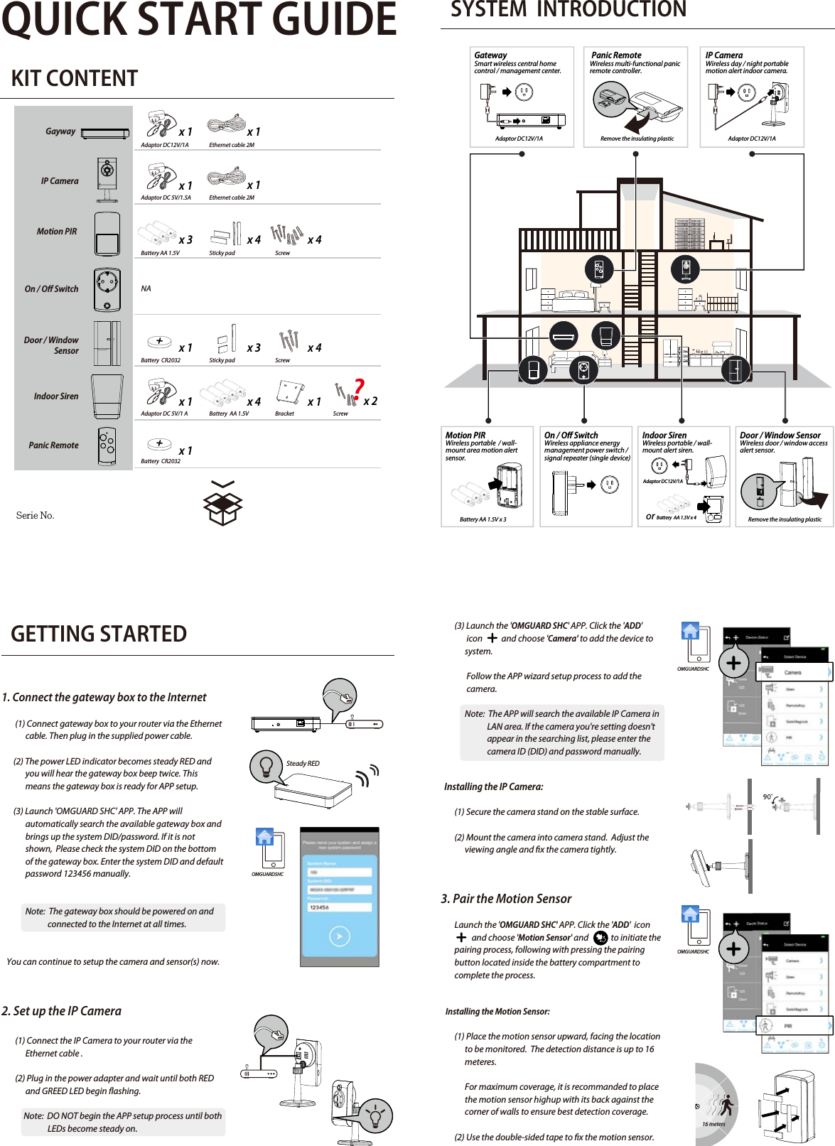 QUICK START GUIDEKIT CONTENTSYSTEM  INTRODUCTION  GETTING STARTED1. Connect the gateway box to the Internet        (1) Connect gateway box to your router via the Ethernet               cable. Then plug in the supplied power cable.       (2) The power LED indicator becomes steady RED and              you will hear the gateway box beep twice. This              means the gateway box is ready for APP setup.       (3) Launch &apos;OMGUARD SHC&apos; APP. The APP will               automatically search the available gateway box and               brings up the system DID/password. If it is not               shown,  Please check the system DID on the bottom               of the gateway box. Enter the system DID and default               password 123456 manually.              Note:  The gateway box should be powered on and                            connected to the Internet at all times.   You can continue to setup the camera and sensor(s) now.2. Set up the IP Camera(1) Connect the IP Camera to your router via the Ethernet cable .(2) Plug in the power adapter and wait until both REDand GREED LED begin ashing.Note:  DO NOT begin the APP setup process until both LEDs become steady on.Adaptor DC12V/1AAdaptor DC12V/1AAdaptor DC12V/1AAdaptor DC12V/1AEthernet cable 2MBattery AA 1.5V Battery AA 1.5V x 3NASticky pad ScrewBattery  CR2032  Sticky padAdaptor DC 5V/1 A Battery  AA 1.5Vor Battery  AA 1.5V x 4Bracketx 1Adaptor DC 5V/1.5Ax 1x 1x 3 x 4 x 4x 1 x 3 x 4x 1 x 4 x 1Battery  CR2032x 1Screwx 2ScrewGaywayIP CameraMotion PIROn / O SwitchDoor / Window     SensorIndoor SirenPanic RemoteSteady RED(3) Launch the &apos;OMGUARD SHC&apos; APP. Click the &apos;ADD&apos;icon and choose &apos;Camera&apos; to add the device to system.Follow the APP wizard setup process to add the camera.Note:  The APP will search the available IP Camera in LAN area. If the camera you&apos;re setting doesn&apos;t appear in the searching list, please enter the camera ID (DID) and password manually.  Installing the IP Camera:(1) Secure the camera stand on the stable surface.(2) Mount the camera into camera stand.  Adjust the viewing angle and x the camera tightly.3. Pair the Motion SensorLaunch the &apos;OMGUARD SHC&apos; APP. Click the &apos;ADD&apos; iconand choose &apos;Motion Sensor&apos; and             to initiate the pairing process, following with pressing the pairing button located inside the battery compartment to complete the process.   Installing the Motion Sensor:(1) Place the motion sensor upward, facing the locationto be monitored.  The detection distance is up to 16 meteres.For maximum coverage, it is recommanded to place the motion sensor highup with its back against the corner of walls to ensure best detection coverage.(2) Use the double-sided tape to x the motion sensor.OMGUARDSHCOMGUARDSHCOMGUARDSHCEthernet cable 2Mx 1GatewaySmart wireless central home control / management center. Serie No.Door / Window SensorWireless door / window access alert sensor.Indoor SirenWireless portable / wall-mount alert siren.Panic RemoteWireless multi-functional panic remote controller.IP CameraWireless day / night portable motion alert indoor camera.Motion PIR Wireless portable  / wall-mount area motion alert sensor.On / O SwitchWireless appliance energy management power switch / signal repeater (single device) Remove the insulating plasticRemove the insulating plastic16 meters?