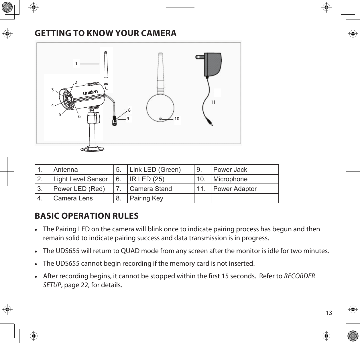 13GETTING TO KNOW YOUR CAMERA1110189234561. Antenna 5. Link LED (Green) 9. Power Jack2. Light Level Sensor 6. IR LED (25) 10. Microphone3. Power LED (Red) 7. Camera Stand 11. Power Adaptor4. Camera Lens 8. Pairing KeyBASIC OPERATION RULES •The Pairing LED on the camera will blink once to indicate pairing process has begun and then remain solid to indicate pairing success and data transmission is in progress. •The UDS655 will return to QUAD mode from any screen after the monitor is idle for two minutes. •The UDS655 cannot begin recording if the memory card is not inserted. •After recording begins, it cannot be stopped within the first 15 seconds.  Refer to RECORDER SETUP, page 22, for details.