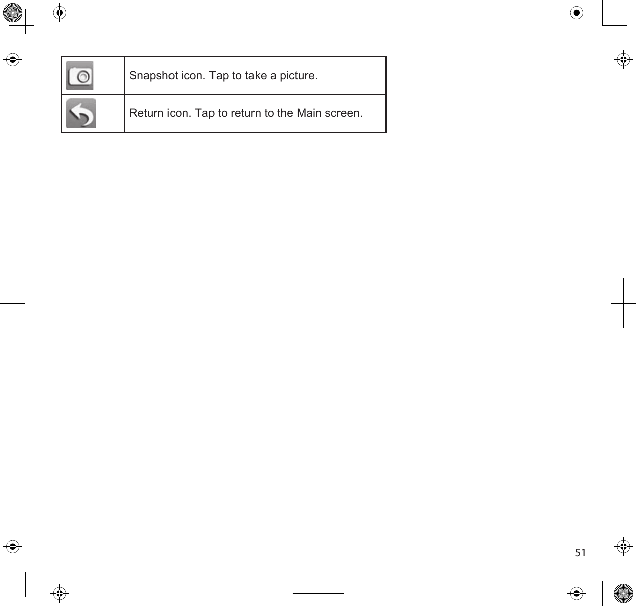 51Snapshot icon. Tap to take a picture.Return icon. Tap to return to the Main screen.