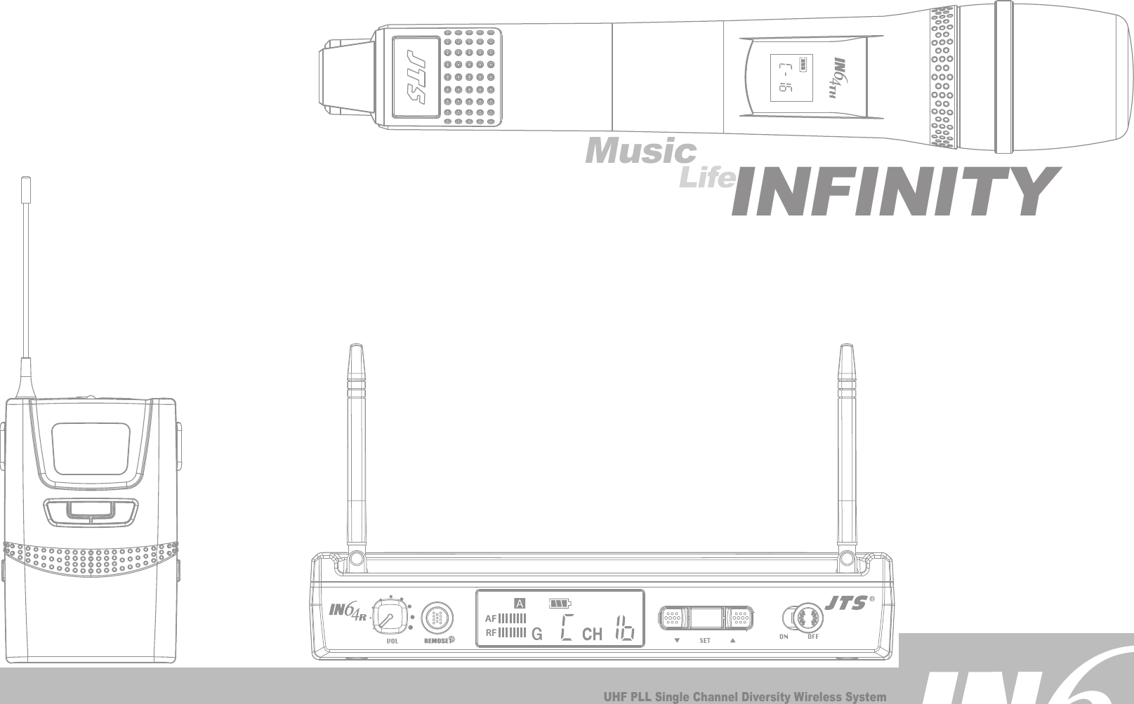 UHF PLL Single Channel Diversity Wireless System* The system is the initiative design to allow changing the transmitter&rsquo;s  frequency by long-distance worldwide.* Preset 4 groups each of 16 UHF channels.MusicLifeINFINITYAFRF