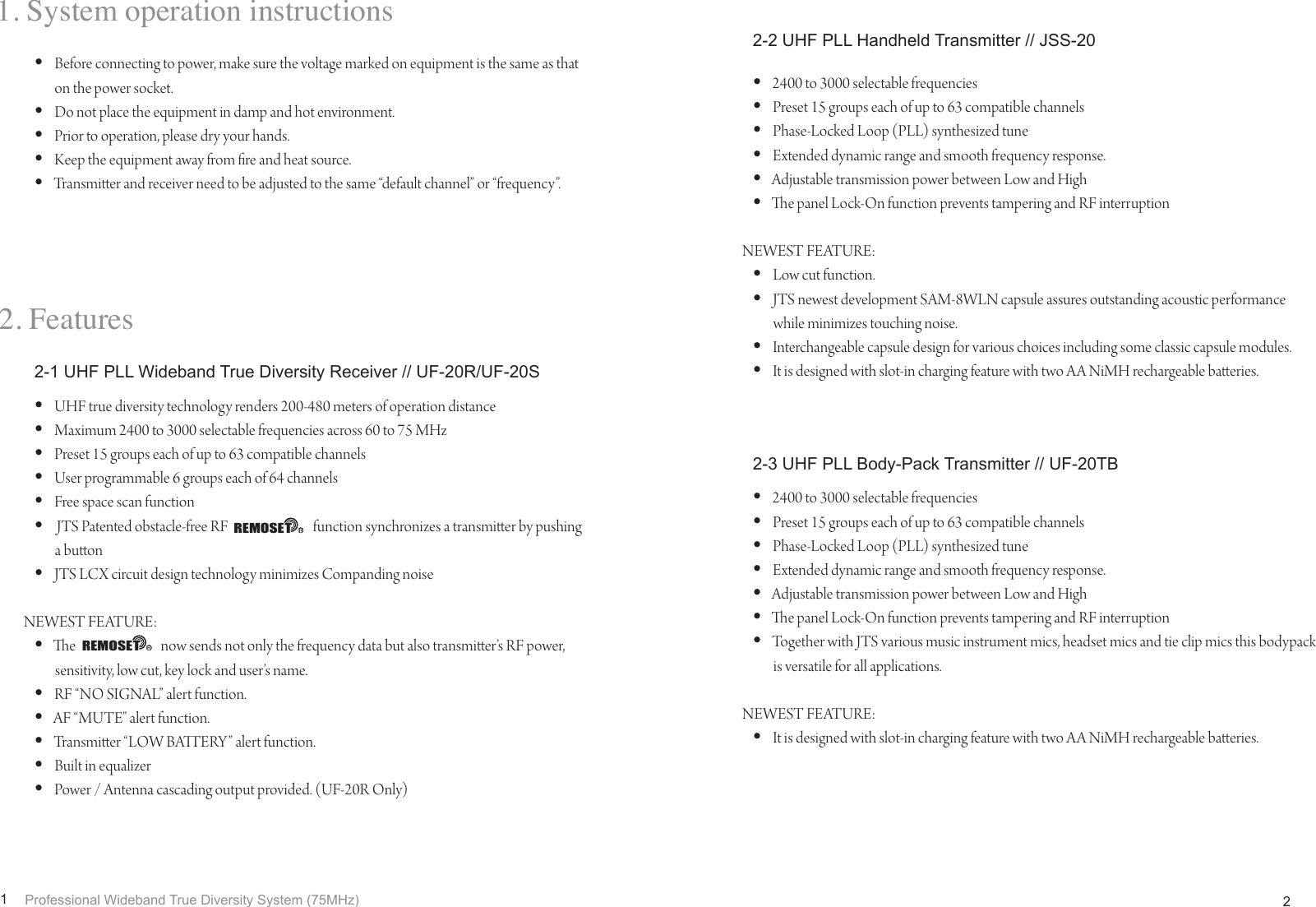 Page 4 of JTS PROFESSIONAL JSS-20 UHF PLL Handheld Transmitter User Manual 