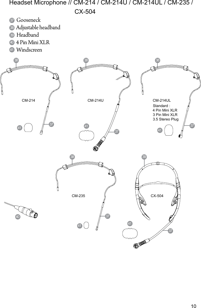 10Headset Microphone // CM-214 / CM-214U / CM-214UL / CM-235 /                                       CX-504GooseneckAdjustable headbandHeadband4 Pin Mini XLRWindscreenCM-214 CM-214UCM-235 CX-5043838 38383839404141 414141413737373737373940CM-214ULStandard :4 Pin Mini XLR3 Pin Mini XLR3.5 Stereo Plug
