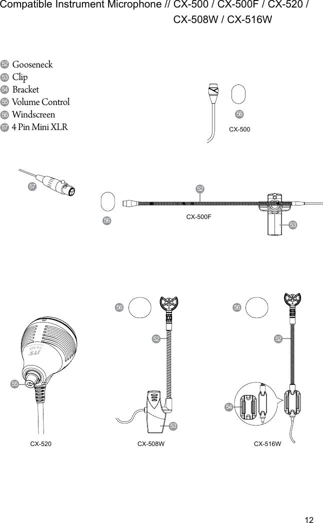 1257GooseneckClipBracketVolume ControlWindscreen4 Pin Mini XLR5556575453565652CX-520CX-500FCX-50052Compatible Instrument Microphone // CX-500 / CX-500F / CX-520 /                                                             CX-508W / CX-516W5355 CX-508W CX-516W535256 565254