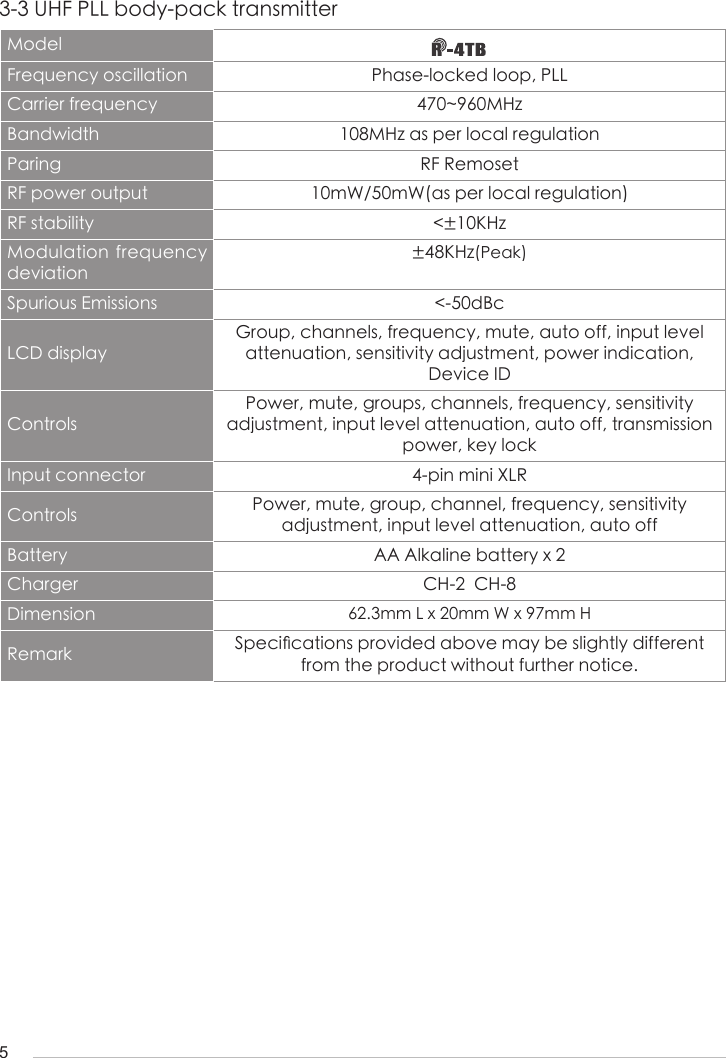 5ModelFrequency oscillation Phase-locked loop, PLLCarrier frequency 470~960MHzBandwidth 108MHz as per local regulationParing RF RemosetRF power output 10mW/50mW(as per local regulation)RF stability <&plusmn;10KHzModulation frequency deviation&plusmn;48KHz(Peak)Spurious Emissions <-50dBcLCD displayGroup, channels, frequency, mute, auto off, input level attenuation, sensitivity adjustment, power indication, Device IDControlsPower, mute, groups, channels, frequency, sensitivity adjustment, input level attenuation, auto off, transmission power, key lockInput connector 4-pin mini XLRControls Power, mute, group, channel, frequency, sensitivity adjustment, input level attenuation, auto offBattery AA Alkaline battery x 2Charger CH-2  CH-8 Dimension 62.3mm L x 20mm W x 97mm HRemark Speci󺖞cations provided above may be slightly different from the product without further notice.3-3 UHF PLL body-pack transmitter