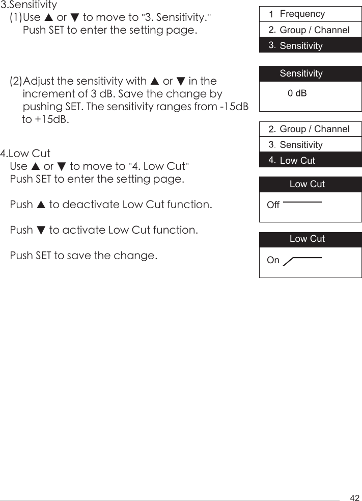423.Sensitivity(1)Use ▲ or ▼ to move to ''3. Sensitivity.''     Push SET to enter the setting page.(2)Adjust the sensitivity with ▲ or ▼ in the      increment of 3 dB. Save the change by      pushing SET. The sensitivity ranges from -15dB to +15dB.4.Low CutUse ▲ or ▼ to move to ''4. Low Cut'' Push SET to enter the setting page. Push ▲ to deactivate Low Cut function.Push ▼ to activate Low Cut function.Push SET to save the change.FrequencyGroup / ChannelSensitivityGroup / ChannelSensitivityLow CutOffOnLow CutLow CutSensitivity