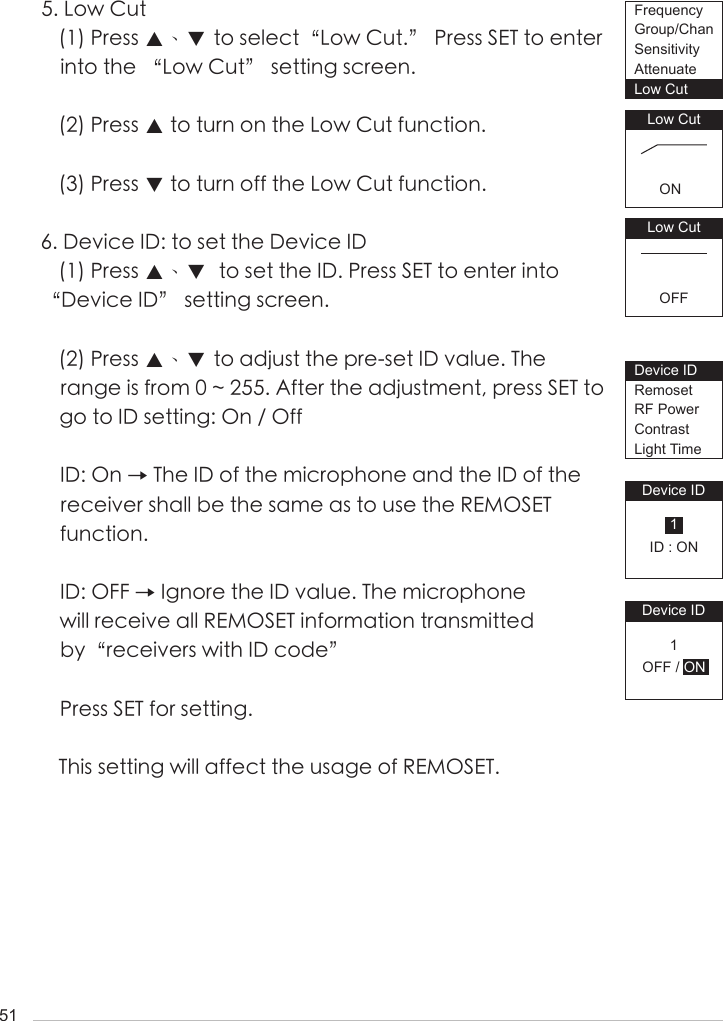 515. Low Cut(1) Press ▲、▼ to select&ldquo;Low Cut.&rdquo; Press SET to enter into the &ldquo;Low Cut&rdquo; setting screen. (2) Press ▲ to turn on the Low Cut function.(3) Press ▼ to turn off the Low Cut function. 6. Device ID: to set the Device ID(1) Press ▲、▼  to set the ID. Press SET to enter into &ldquo;Device ID&rdquo; setting screen. (2) Press ▲、▼ to adjust the pre-set ID value. The range is from 0 ~ 255. After the adjustment, press SET to go to ID setting: On / OffID: On &rarr; The ID of the microphone and the ID of the receiver shall be the same as to use the REMOSET function.ID: OFF &rarr; Ignore the ID value. The microphone will receive all REMOSET information transmitted by&ldquo;receivers with ID code&rdquo;Press SET for setting.This setting will affect the usage of REMOSET.FrequencyGroup/ChanSensitivityAttenuateLow CutLow CutOFFLow CutONDevice IDRemosetRF PowerContrastLight TimeDevice ID1ID : ONDevice ID1OFF / ON