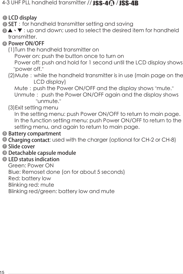154-3 UHF PLL handheld transmitter //                  / LCD displaySET：for handheld transmitter setting and saving▲、▼：up and down; used to select the desired item for handheld transmitter.Power ON/OFF(1)Turn the handheld transmitter onPower on: push the button once to turn onPower off: push and hold for 1 second until the LCD display shows ''power off.''(2)Mute：while the handheld transmitter is in use (main page on the                    LCD display)Mute：push the Power ON/OFF and the display shows ''mute.''Unmute： push the Power ON/OFF again and the display shows                 ''unmute.''(3)Exit setting menuIn the setting menu: push Power ON/OFF to return to main page.In the function setting menu: push Power ON/OFF to return to the setting menu, and again to return to main page.Battery compartmentCharging contact: used with the charger (optional for CH-2 or CH-8)Slide coverDetachable capsule moduleLED status indicationGreen: Power ONBlue: Remoset done (on for about 5 seconds)Red: battery lowBlinking red: muteBlinking red/green: battery low and mute142395678