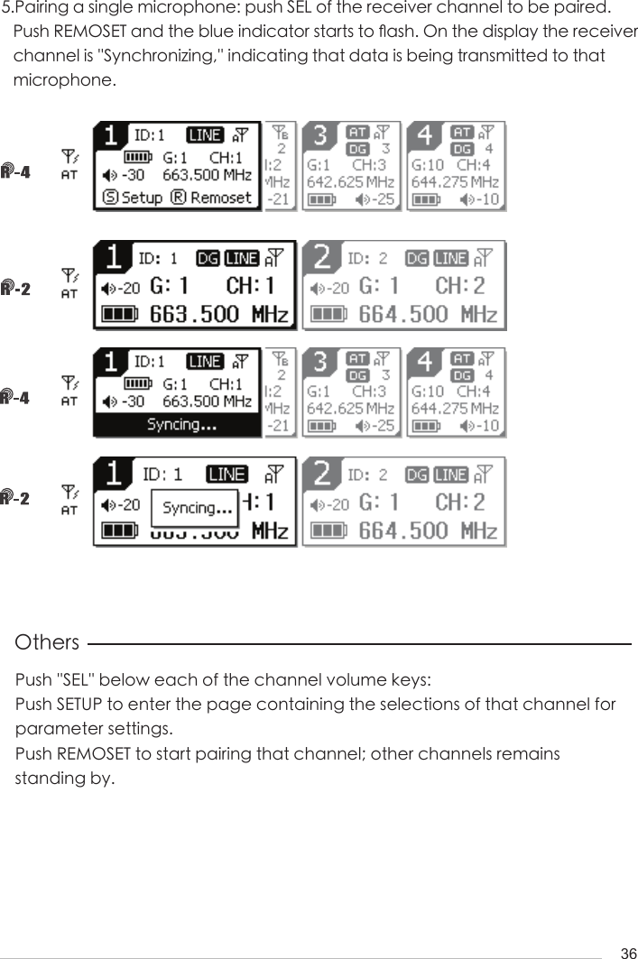 365.Pairing a single microphone: push SEL of the receiver channel to be paired.     Push REMOSET and the blue indicator starts to 󺖟ash. On the display the receiver    channel is ''Synchronizing,'' indicating that data is being transmitted to that    microphone.OthersPush ''SEL'' below each of the channel volume keys:Push SETUP to enter the page containing the selections of that channel for parameter settings.Push REMOSET to start pairing that channel; other channels remains standing by.