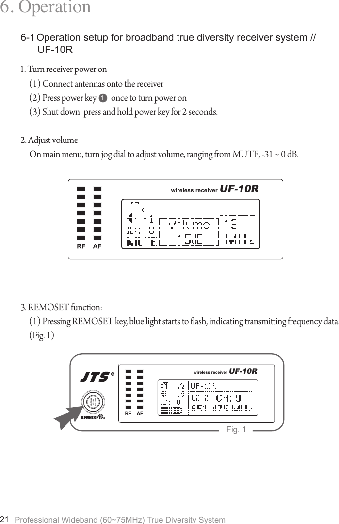 Professional Wideband (60~75MHz) True Diversity System216. Operation1. Turn receiver power on(1) Connect antennas onto the receiver (2) Press power key         once to turn power on(3) Shut down: press and hold power key for 2 seconds.2. Adjust volumeOn main menu, turn jog dial to adjust volume, ranging from MUTE, -31 ~ 0 dB.6-1 Operation setup for broadband true diversity receiver system //UF-10RUF-10R wireless receiver13. REMOSET function:(1) Pressing REMOSET key, blue light starts to ash, indicating transmiing frequency data. (Fig. 1)UF-10R wireless receiverFig. 1