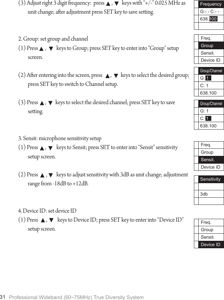 Professional Wideband (60~75MHz) True Diversity System31(3) Adjust right 3 digit frequency:  press       ,         keys with &ldquo;+/-&rdquo; 0.025 MHz as unit change; aer adjustment press SET key to save seing.2. Group: set group and channel(1) Press       ,          keys to Group; press SET key to enter into &ldquo;Group&rdquo; setup screen.(2) Aer entering into the screen, press        ,         keys to select the desired group; press SET key to switch to Channel setup.(3) Press       ,         keys to select the desired channel; press SET key to save seing.3. Sensit: microphone sensitivity setup(1) Press       ,          keys to Sensit; press SET to enter into &ldquo;Sensit&rdquo; sensitivity setup screen.(2) Press        ,         keys to adjust sensitivity with 3dB as unit change; adjustment range from -18dB to +12dB.4. Device ID: set device ID(1) Press        ,          keys to Device ID; press SET key to enter into &ldquo;Device ID&rdquo; setup screen.FrequencyG:- - C:- -638.100Freq.GroupSensit.Device IDGroup/ChannelG: 1C: 1638.100Group/ChannelG: 1C: 1638.100Freq.GroupSensit.Device IDSensitivity3dbFreq.GroupSensit.Device ID