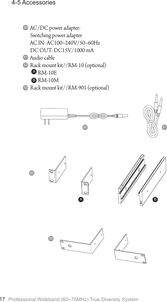 Professional Wideband (60~75MHz) True Diversity System174-5 AccessoriesAC/DC power adapter:Switching power adapterAC IN: AC100~240V/50~60HzDC OUT: DC15V/1000 mAAudio cableRack mount kit//RM-10 (optional)        RM-10E        RM-10MRack mount kit//RM-901 (optional)60616263ABA B60626361