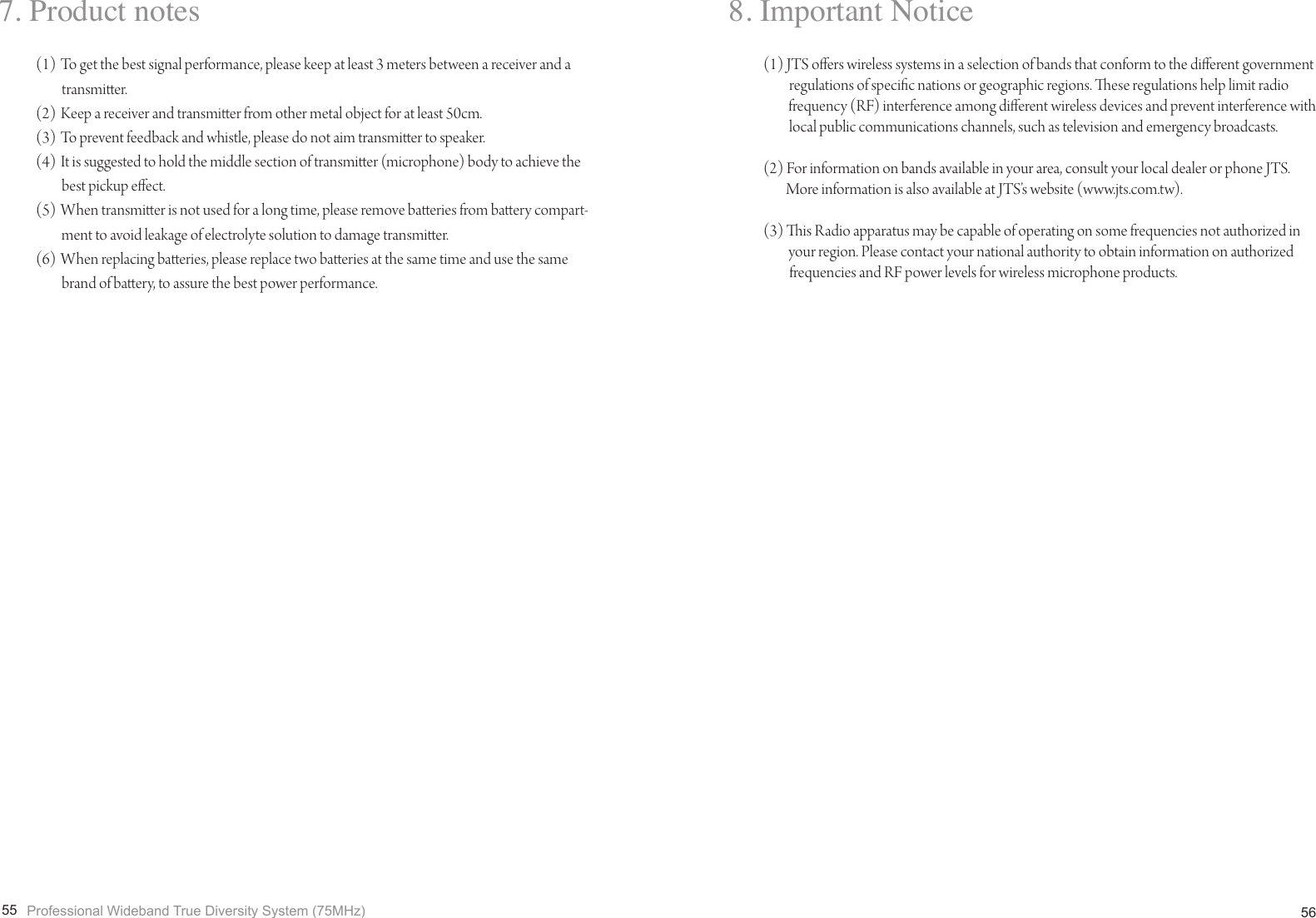 Page 31 of JTS PROFESSIONAL UF-20TB UHF PLL Body-Pack Transmitter User Manual 