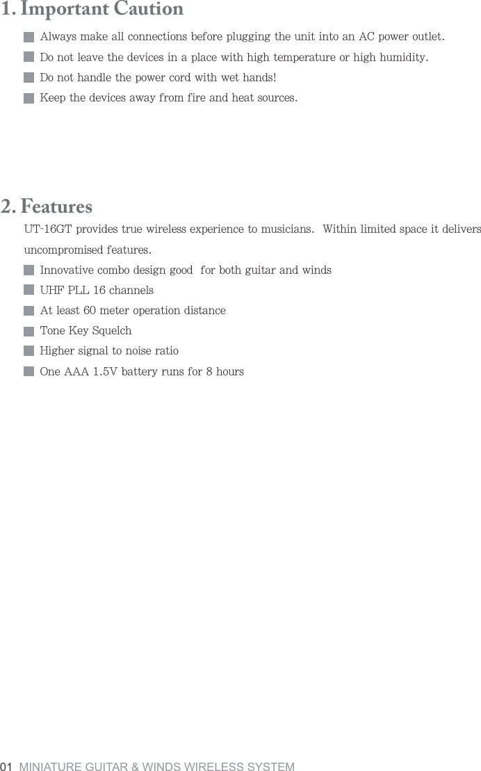 1. Important Caution'R]G_YSGQKGRRIUTTKIZOUTYHKLUXKVR[MMOTMZNK[TOZOTZUGT')VU]KXU[ZRKZ*UTUZRKG\KZNKJK\OIKYOTGVRGIK]OZNNOMNZKSVKXGZ[XKUXNOMNN[SOJOZ_*UTUZNGTJRKZNKVU]KXIUXJ]OZN]KZNGTJY1KKVZNKJK\OIKYG]G_LXUSLOXKGTJNKGZYU[XIKY2. Features;:-:VXU\OJKYZX[K]OXKRKYYK^VKXOKTIKZUS[YOIOGTY=OZNOTROSOZKJYVGIKOZJKRO\KXY[TIUSVXUSOYKJLKGZ[XKY/TTU\GZO\KIUSHUJKYOMTMUUJLUXHUZNM[OZGXGTJ]OTJY;.,622INGTTKRY'ZRKGYZSKZKXUVKXGZOUTJOYZGTIK:UTK1K_9W[KRIN.OMNKXYOMTGRZUTUOYKXGZOU5TK'''<HGZZKX_X[TYLUXNU[XY01 MINIATURE GUITAR &amp; WINDS WIRELESS SYSTEM