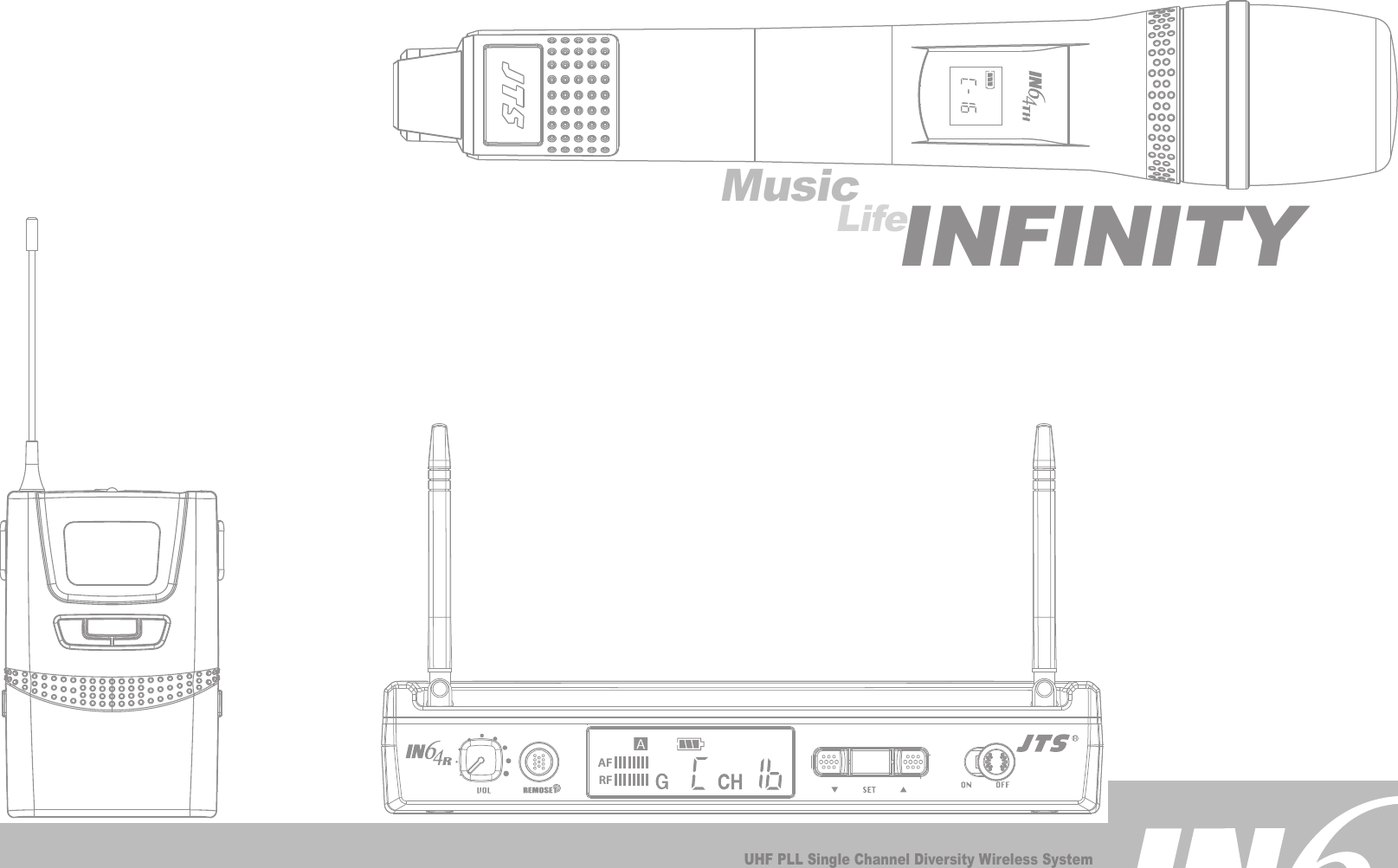 UHF PLL Single Channel Diversity Wireless System* The system is the initiative design to allow changing the transmitter’s  frequency by long-distance worldwide.* Preset 4 groups each of 16 UHF channels.MusicLifeINFINITYAFRF