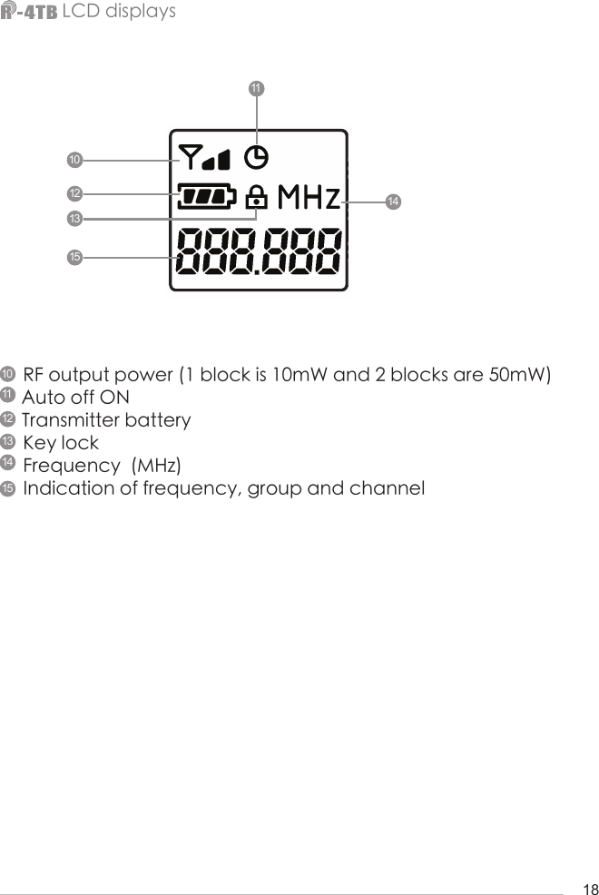 18RF output power (1 block is 10mW and 2 blocks are 50mW)Auto off ONTransmitter batteryKey lockFrequency  (MHz)Indication of frequency, group and channelLCD displays10881011111212131314141515