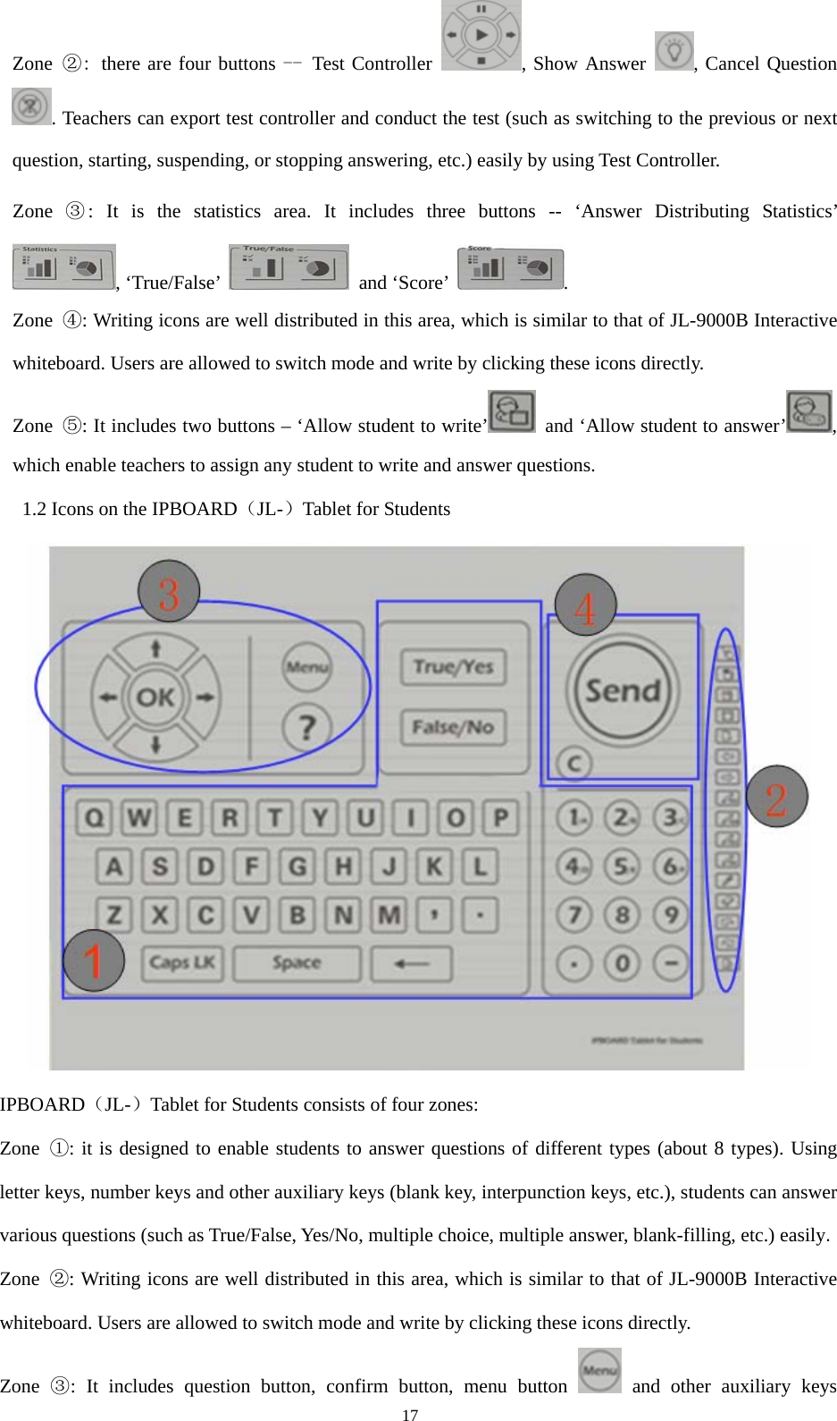  17Zone  ②: there are four buttons -- Test Controller  , Show Answer  , Cancel Question . Teachers can export test controller and conduct the test (such as switching to the previous or next question, starting, suspending, or stopping answering, etc.) easily by using Test Controller. Zone ③: It is the statistics area. It includes three buttons -- ‘Answer Distributing Statistics’ , ‘True/False’   and ‘Score’  .  Zone  ④: Writing icons are well distributed in this area, which is similar to that of JL-9000B Interactive whiteboard. Users are allowed to switch mode and write by clicking these icons directly. Zone  ⑤: It includes two buttons – ‘Allow student to write’   and ‘Allow student to answer’ , which enable teachers to assign any student to write and answer questions.     1.2 Icons on the IPBOARD（JL-）Tablet for Students  IPBOARD（JL-）Tablet for Students consists of four zones: Zone  ①: it is designed to enable students to answer questions of different types (about 8 types). Using letter keys, number keys and other auxiliary keys (blank key, interpunction keys, etc.), students can answer various questions (such as True/False, Yes/No, multiple choice, multiple answer, blank-filling, etc.) easily. Zone  ②: Writing icons are well distributed in this area, which is similar to that of JL-9000B Interactive whiteboard. Users are allowed to switch mode and write by clicking these icons directly. Zone  ③: It includes question button, confirm button, menu button   and other auxiliary keys 