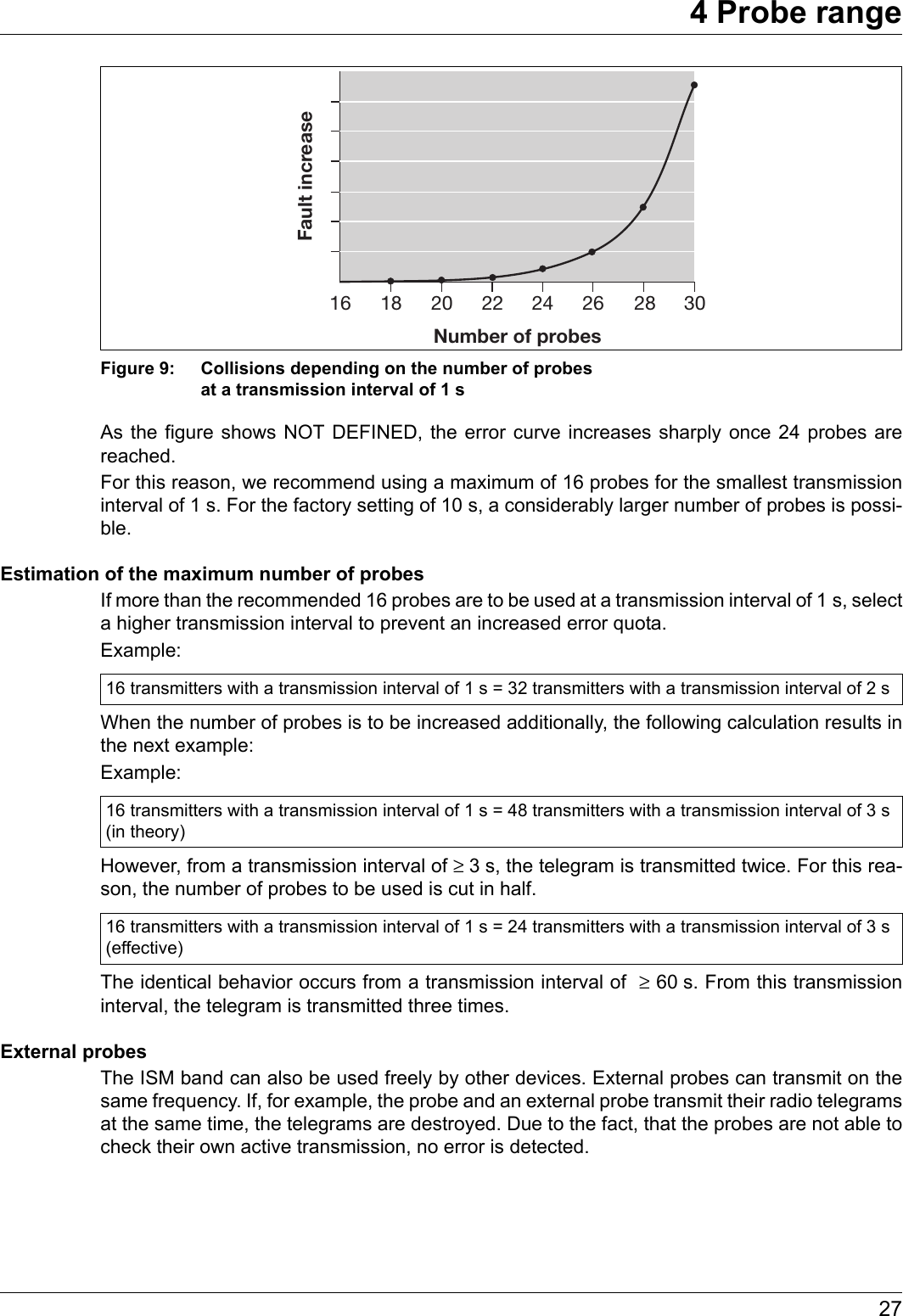 274 Probe rangeFigure 9: Collisions depending on the number of probes at a transmission interval of 1 sAs the figure shows NOT DEFINED, the error curve increases sharply once 24 probes are reached.For this reason, we recommend using a maximum of 16 probes for the smallest transmission interval of 1 s. For the factory setting of 10 s, a considerably larger number of probes is possi-ble.Estimation of the maximum number of probesIf more than the recommended 16 probes are to be used at a transmission interval of 1 s, select a higher transmission interval to prevent an increased error quota.Example:When the number of probes is to be increased additionally, the following calculation results in the next example:Example:However, from a transmission interval of ≥ 3 s, the telegram is transmitted twice. For this rea-son, the number of probes to be used is cut in half.The identical behavior occurs from a transmission interval of  ≥ 60 s. From this transmission interval, the telegram is transmitted three times.External probesThe ISM band can also be used freely by other devices. External probes can transmit on the same frequency. If, for example, the probe and an external probe transmit their radio telegrams at the same time, the telegrams are destroyed. Due to the fact, that the probes are not able to check their own active transmission, no error is detected.16 18 20 22 24 26 28 30Number of probesFault increase16 transmitters with a transmission interval of 1 s = 32 transmitters with a transmission interval of 2 s16 transmitters with a transmission interval of 1 s = 48 transmitters with a transmission interval of 3 s (in theory)16 transmitters with a transmission interval of 1 s = 24 transmitters with a transmission interval of 3 s (effective)