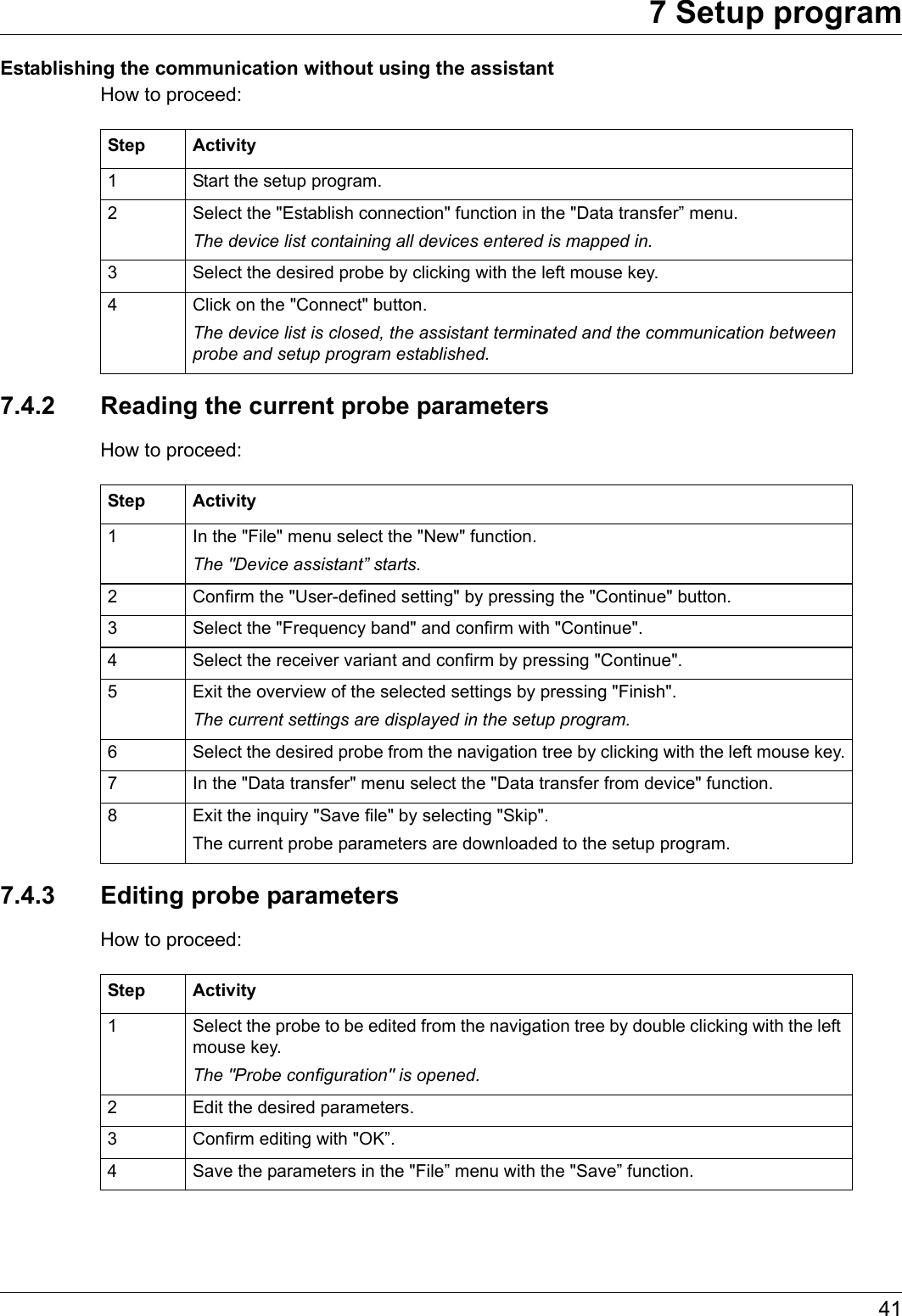 417 Setup programEstablishing the communication without using the assistantHow to proceed:7.4.2 Reading the current probe parametersHow to proceed:7.4.3 Editing probe parametersHow to proceed:Step Activity1 Start the setup program.2 Select the &quot;Establish connection&quot; function in the &quot;Data transfer” menu.The device list containing all devices entered is mapped in.3 Select the desired probe by clicking with the left mouse key.4 Click on the &quot;Connect&quot; button.The device list is closed, the assistant terminated and the communication between probe and setup program established.Step Activity1 In the &quot;File&quot; menu select the &quot;New&quot; function.The &quot;Device assistant” starts.2 Confirm the &quot;User-defined setting&quot; by pressing the &quot;Continue&quot; button.3 Select the &quot;Frequency band&quot; and confirm with &quot;Continue&quot;.4 Select the receiver variant and confirm by pressing &quot;Continue&quot;.5 Exit the overview of the selected settings by pressing &quot;Finish&quot;.The current settings are displayed in the setup program.6 Select the desired probe from the navigation tree by clicking with the left mouse key.7 In the &quot;Data transfer&quot; menu select the &quot;Data transfer from device&quot; function.8 Exit the inquiry &quot;Save file&quot; by selecting &quot;Skip&quot;.The current probe parameters are downloaded to the setup program.Step Activity1 Select the probe to be edited from the navigation tree by double clicking with the left mouse key.The &quot;Probe configuration&quot; is opened.2 Edit the desired parameters.3 Confirm editing with &quot;OK”.4 Save the parameters in the &quot;File” menu with the &quot;Save” function.